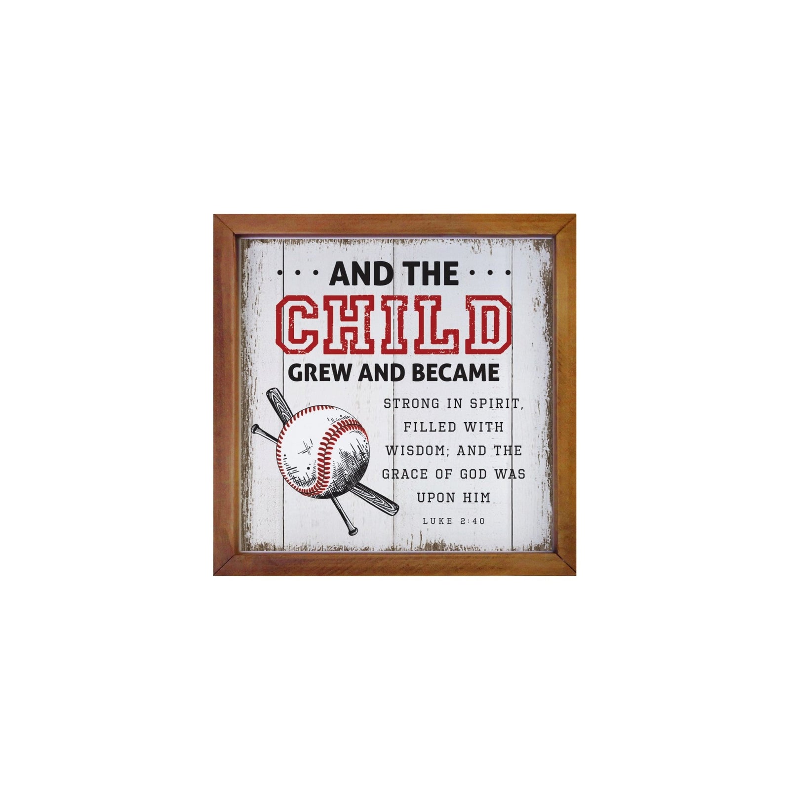 Rustic Wooden Baseball Framed Shadow Box Shelf Décor With Inspiring Bible Verses - And The Child - LifeSong Milestones