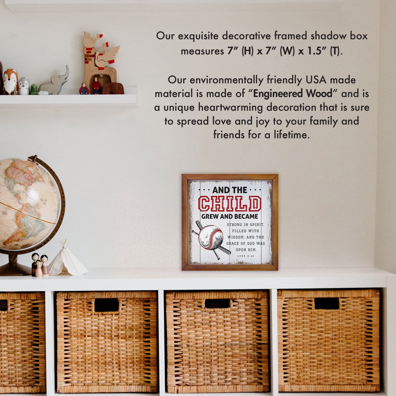 Rustic Wooden Baseball Framed Shadow Box Shelf Décor With Inspiring Bible Verses - And The Child - LifeSong Milestones