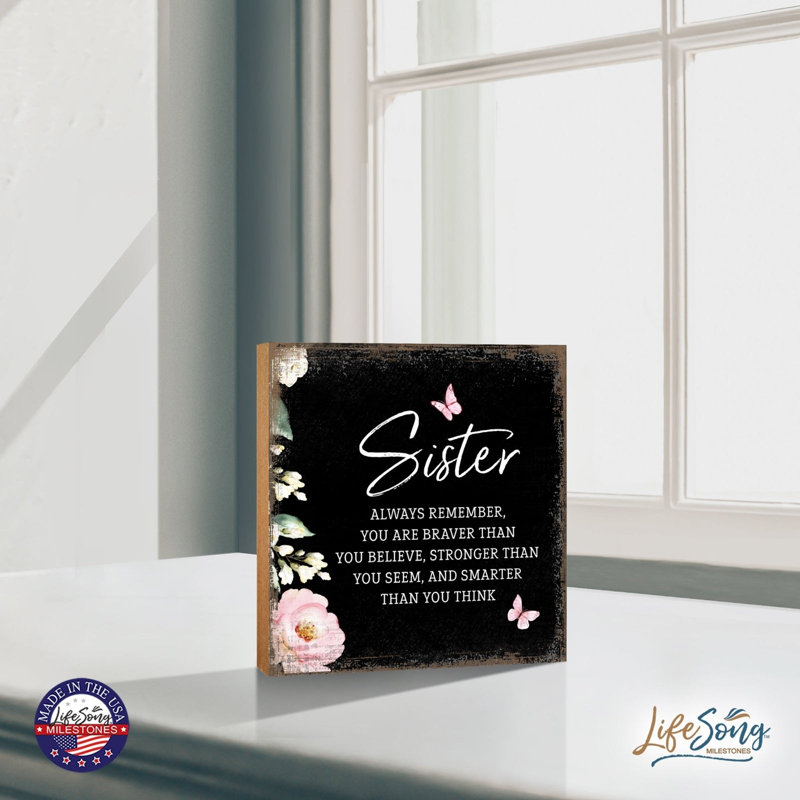 Sister Always Remember Floral 6x6 Inches Wood Family Art Sign Tabletop and Shelving For Home Décor - LifeSong Milestones