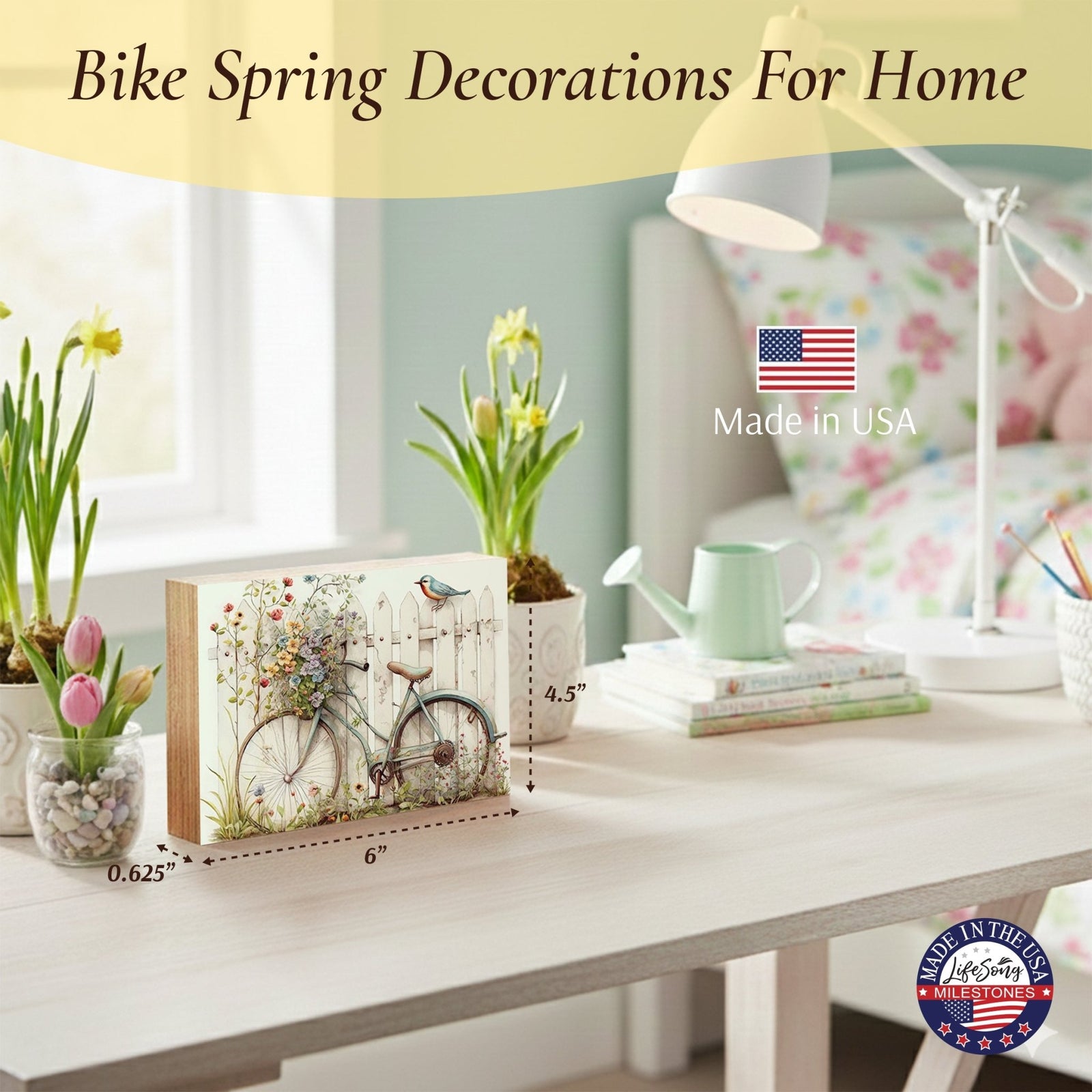 Spring Bike Shelf Sitter - Rustic Wooden Home Décor for Farmhouse & Seasonal Display - LifeSong Milestones