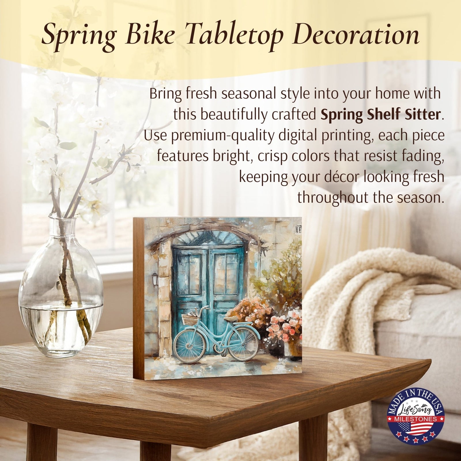 Spring Bike Shelf Sitter - Rustic Wooden Home Décor for Farmhouse & Seasonal Display - LifeSong Milestones