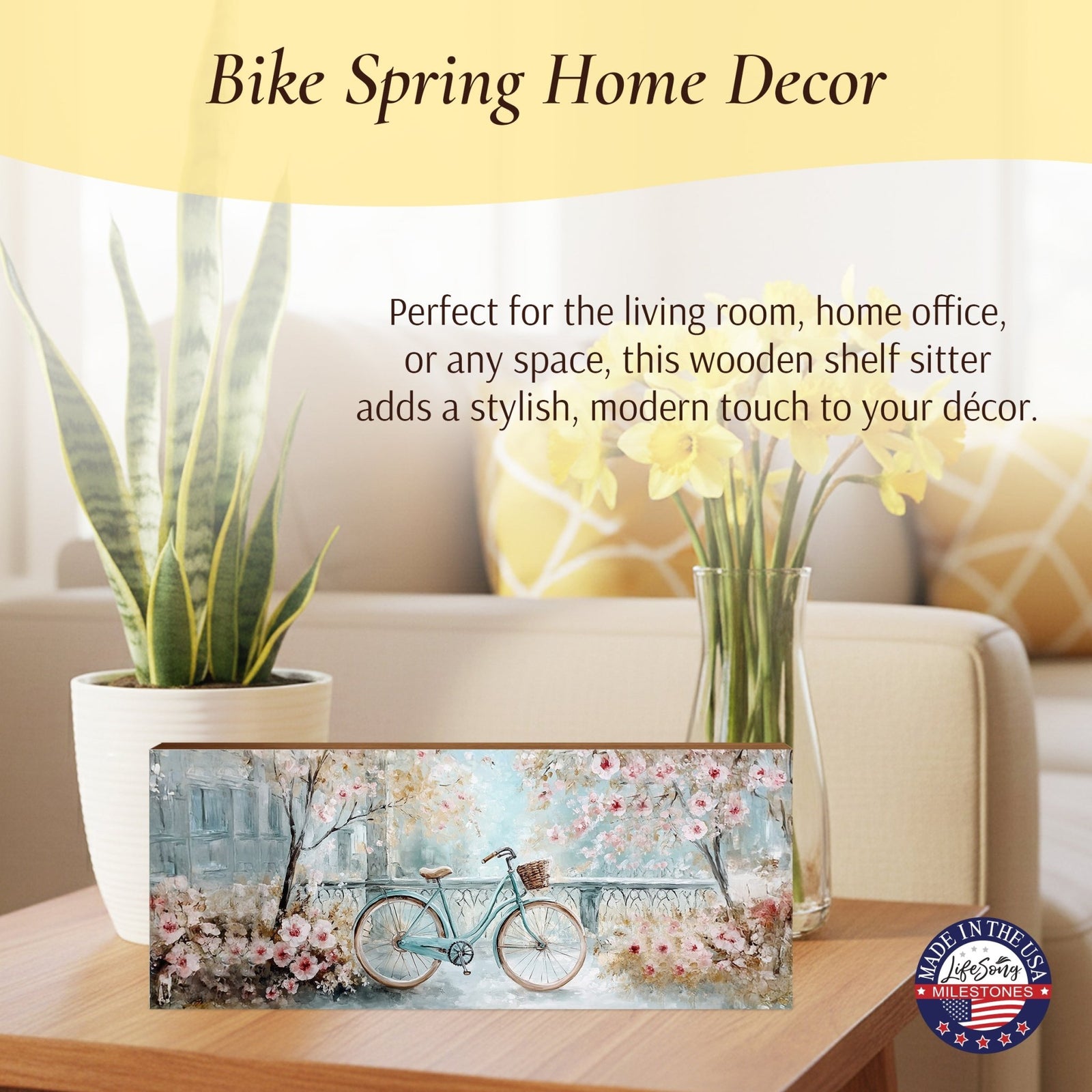 Spring Bike Shelf Sitter - Rustic Wooden Home Décor for Farmhouse & Seasonal Display - LifeSong Milestones
