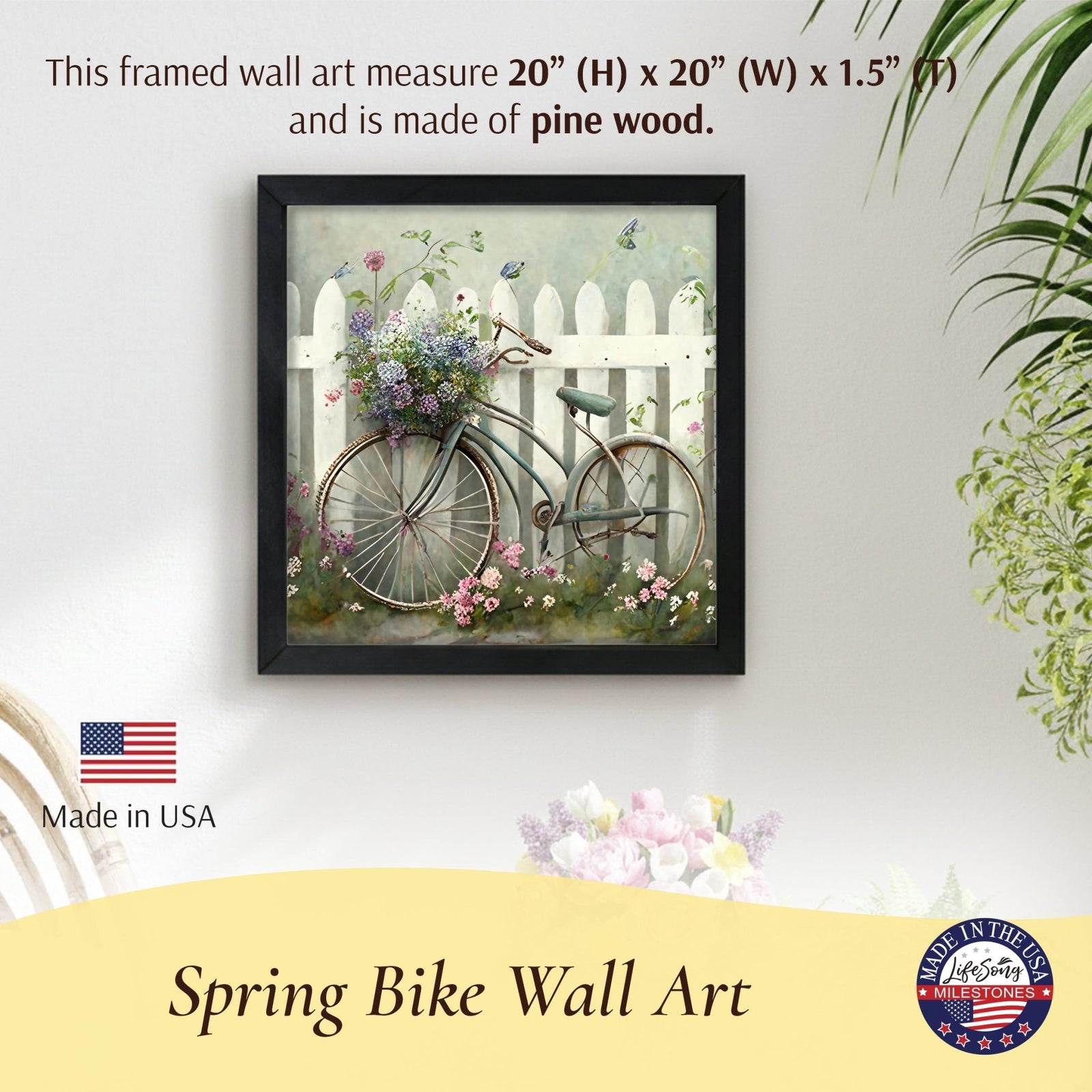 Spring Bike Wall Art Print - Rustic Framed Wood Sign 20x20 for Home & Wall Décor - LifeSong Milestones