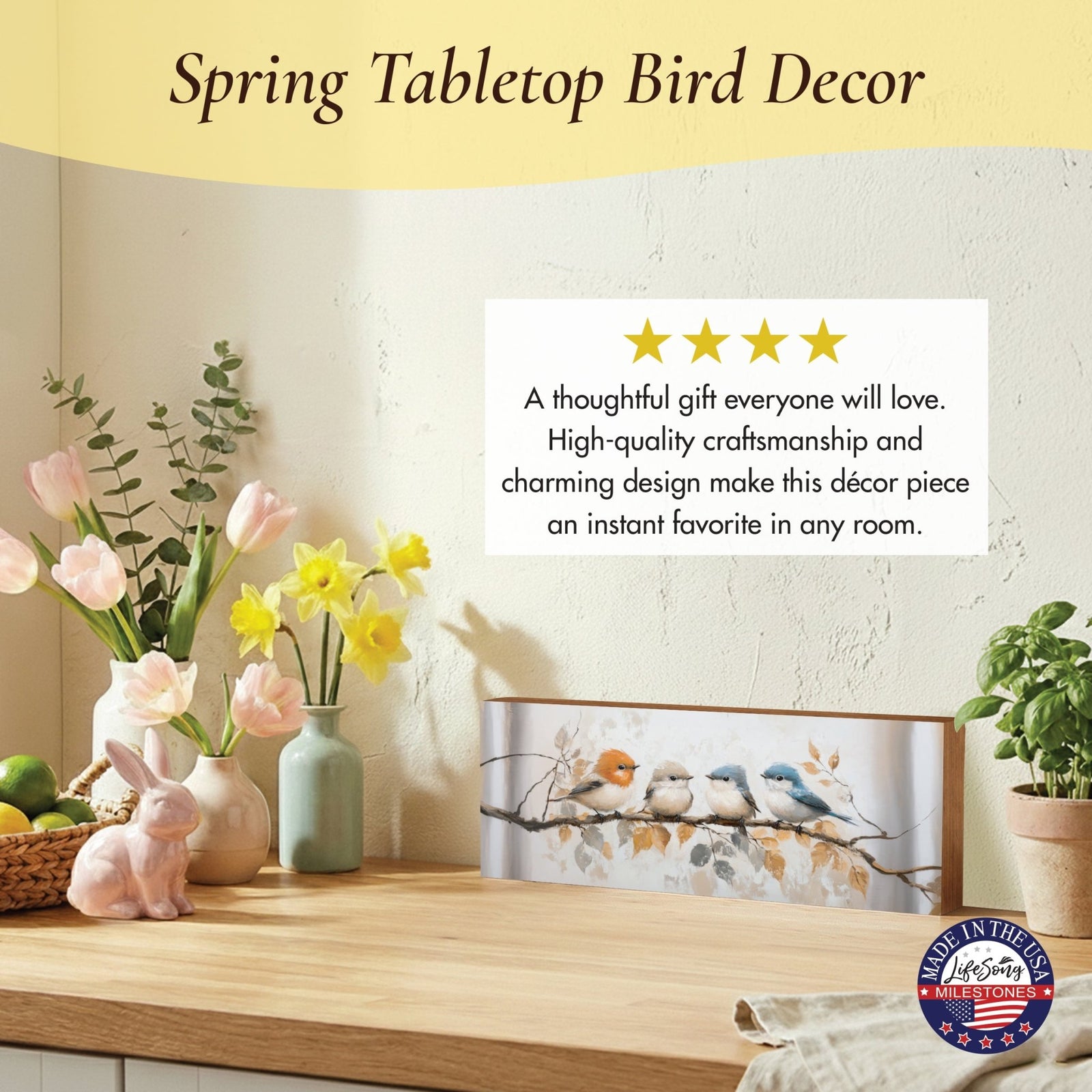Spring Bird Shelf Sitter 10x4 — Wide Wooden Mantel & Tabletop Décor | 3 Nature Designs - LifeSong Milestones