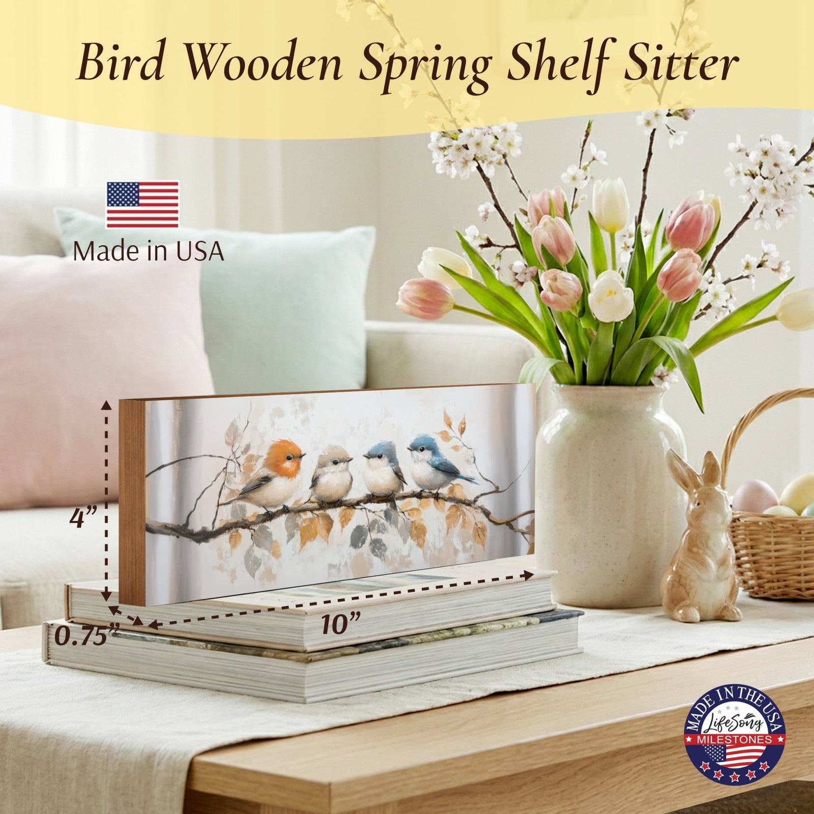 Spring Bird Shelf Sitter 10x4 — Wide Wooden Mantel & Tabletop Décor | 3 Nature Designs - LifeSong Milestones