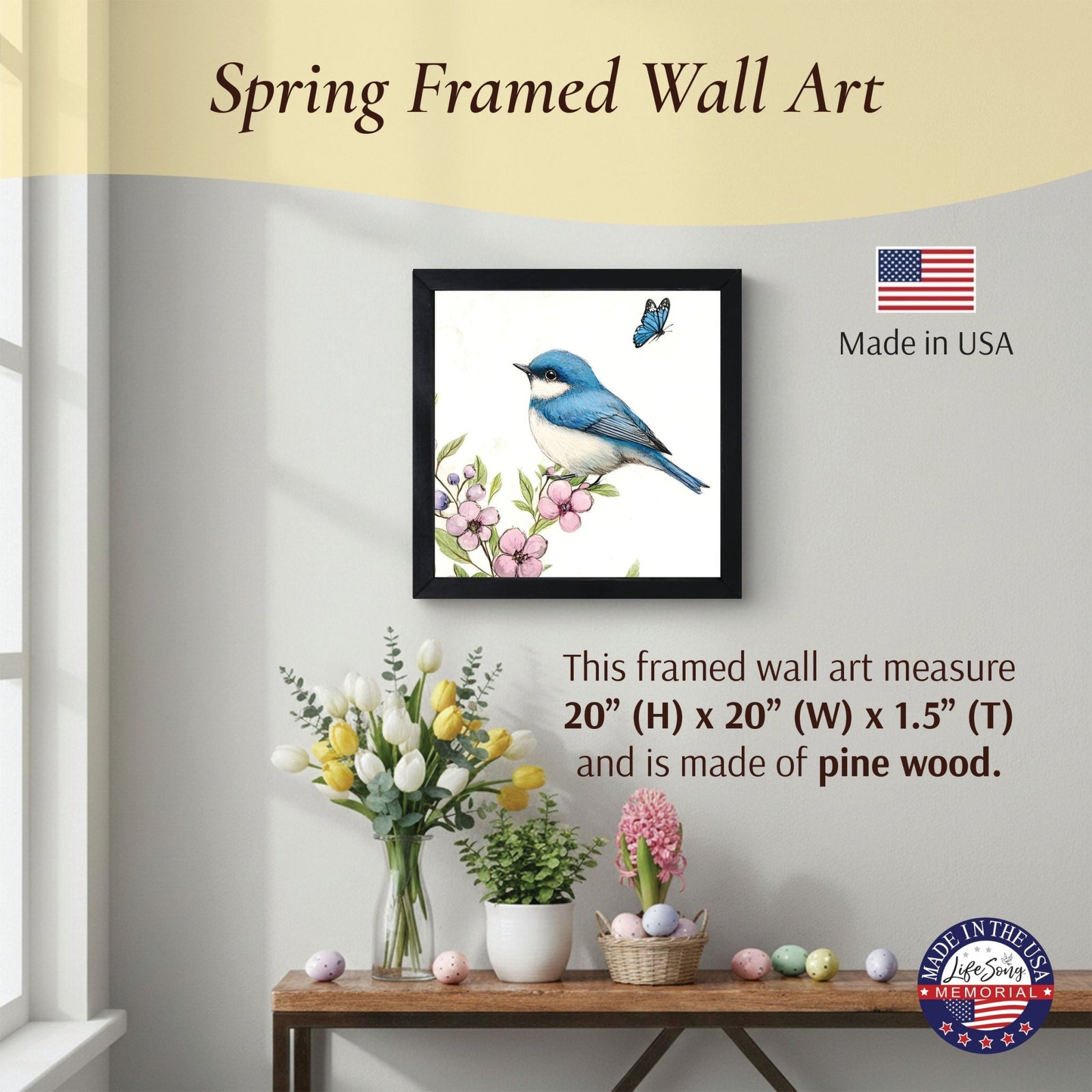 Spring Bird Wall Art for Home — 20x20 Handcrafted Framed Wood Sign | Farmhouse Nature Décor - LifeSong Milestones