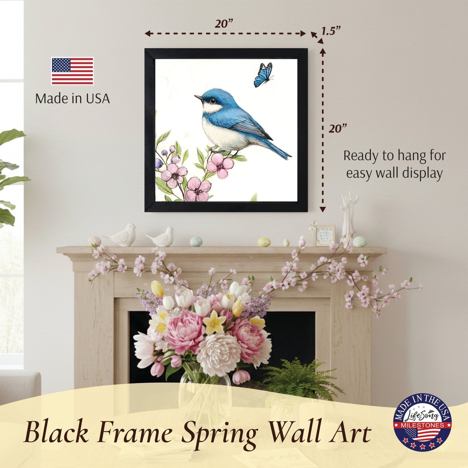Spring Bird Wall Art for Home — 20x20 Handcrafted Framed Wood Sign | Farmhouse Nature Décor - LifeSong Milestones