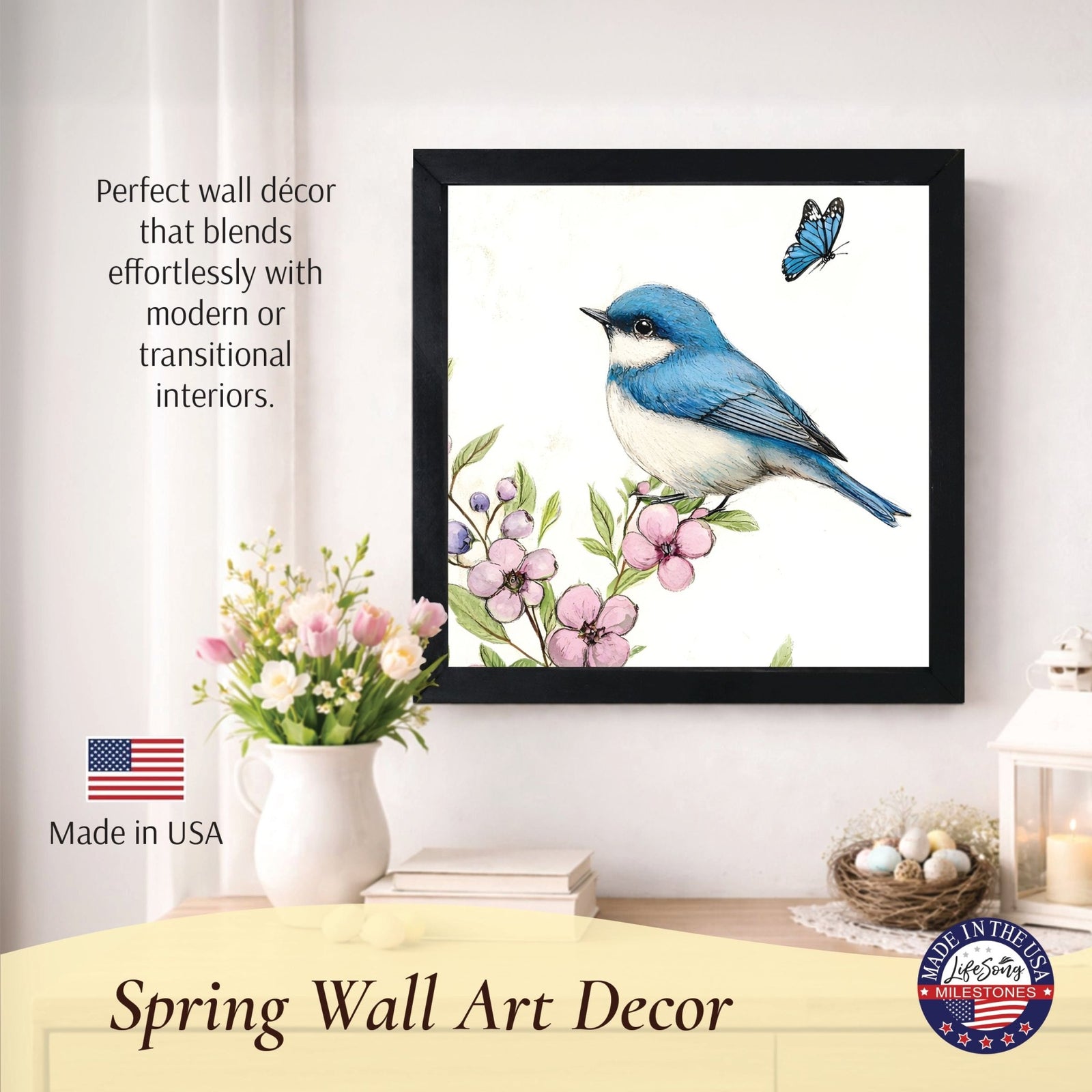 Spring Bird Wall Art for Home — 20x20 Handcrafted Framed Wood Sign | Farmhouse Nature Décor - LifeSong Milestones