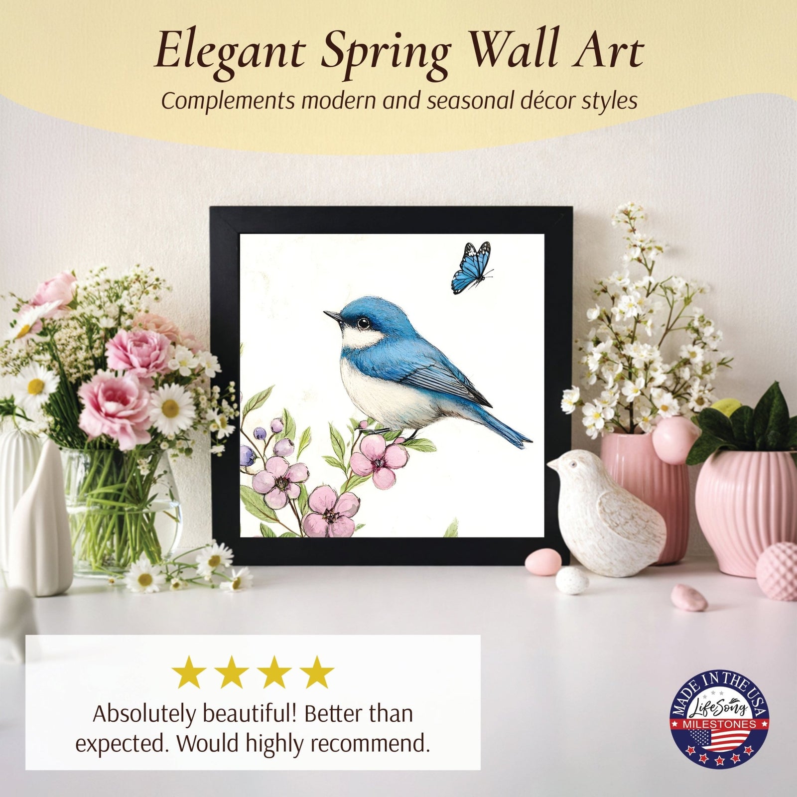 Spring Bird Wall Art for Home — 20x20 Handcrafted Framed Wood Sign | Farmhouse Nature Décor - LifeSong Milestones