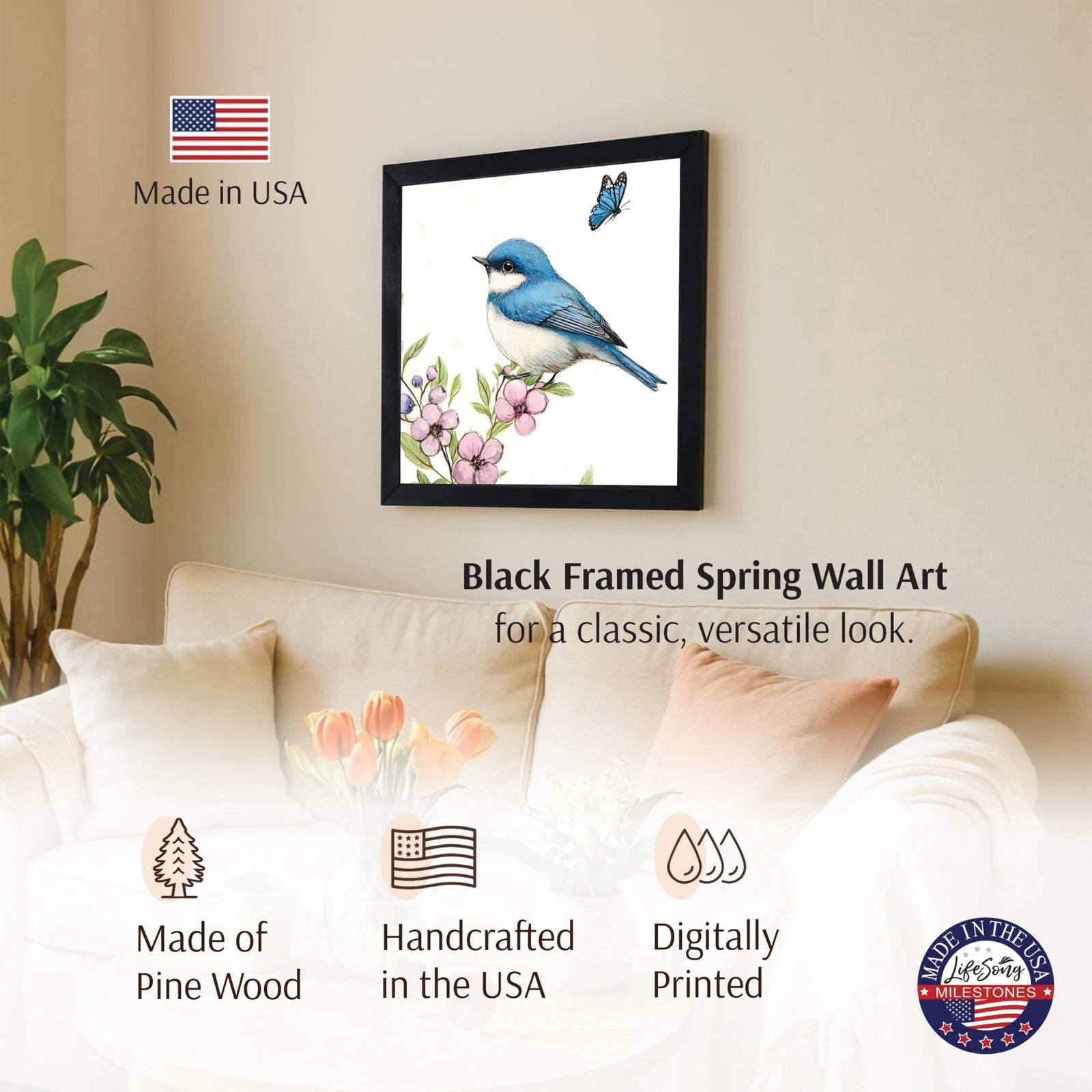 Spring Bird Wall Art for Home — 20x20 Handcrafted Framed Wood Sign | Farmhouse Nature Décor - LifeSong Milestones