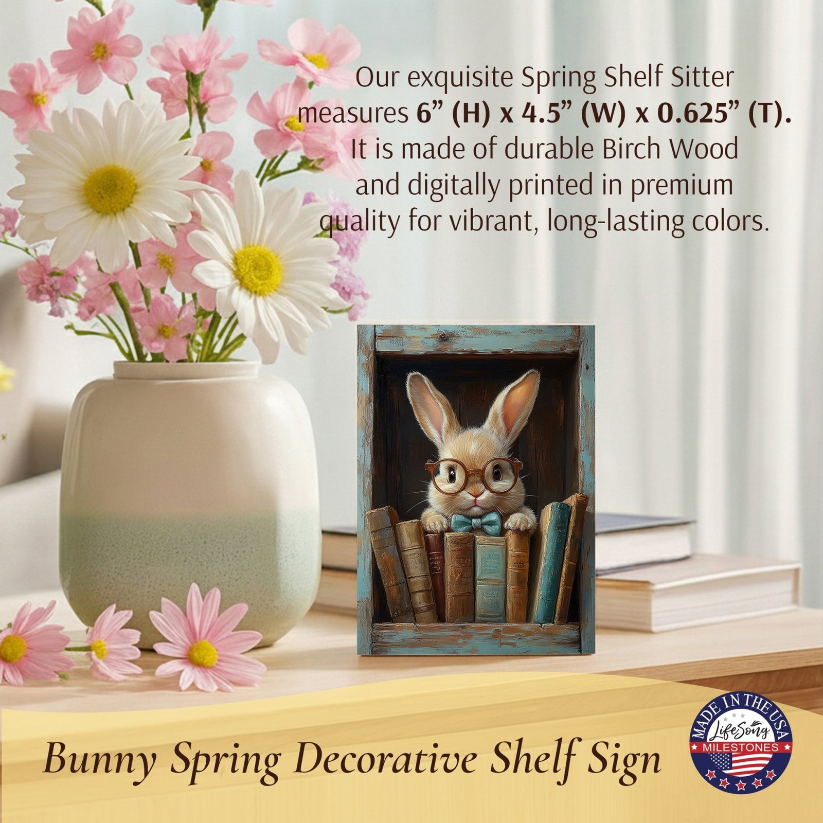 Spring Bunny Shelf Sitter 4.5x6 — Handcrafted Birch Wood Easter Shelf Décor | Bunny Gift for Her - LifeSong Milestones