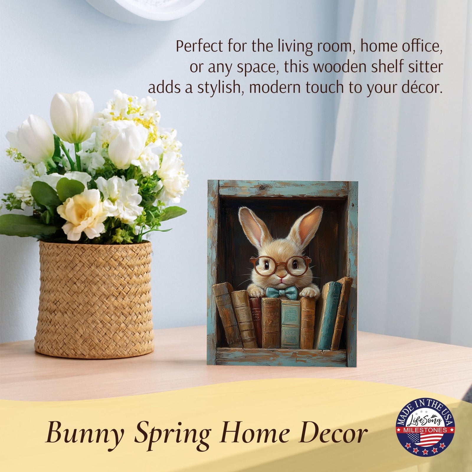 Spring Bunny Shelf Sitter 4.5x6 — Handcrafted Birch Wood Easter Shelf Décor | Bunny Gift for Her - LifeSong Milestones