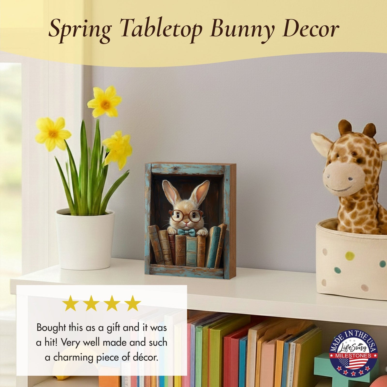 Spring Bunny Shelf Sitter 4.5x6 — Handcrafted Birch Wood Easter Shelf Décor | Bunny Gift for Her - LifeSong Milestones