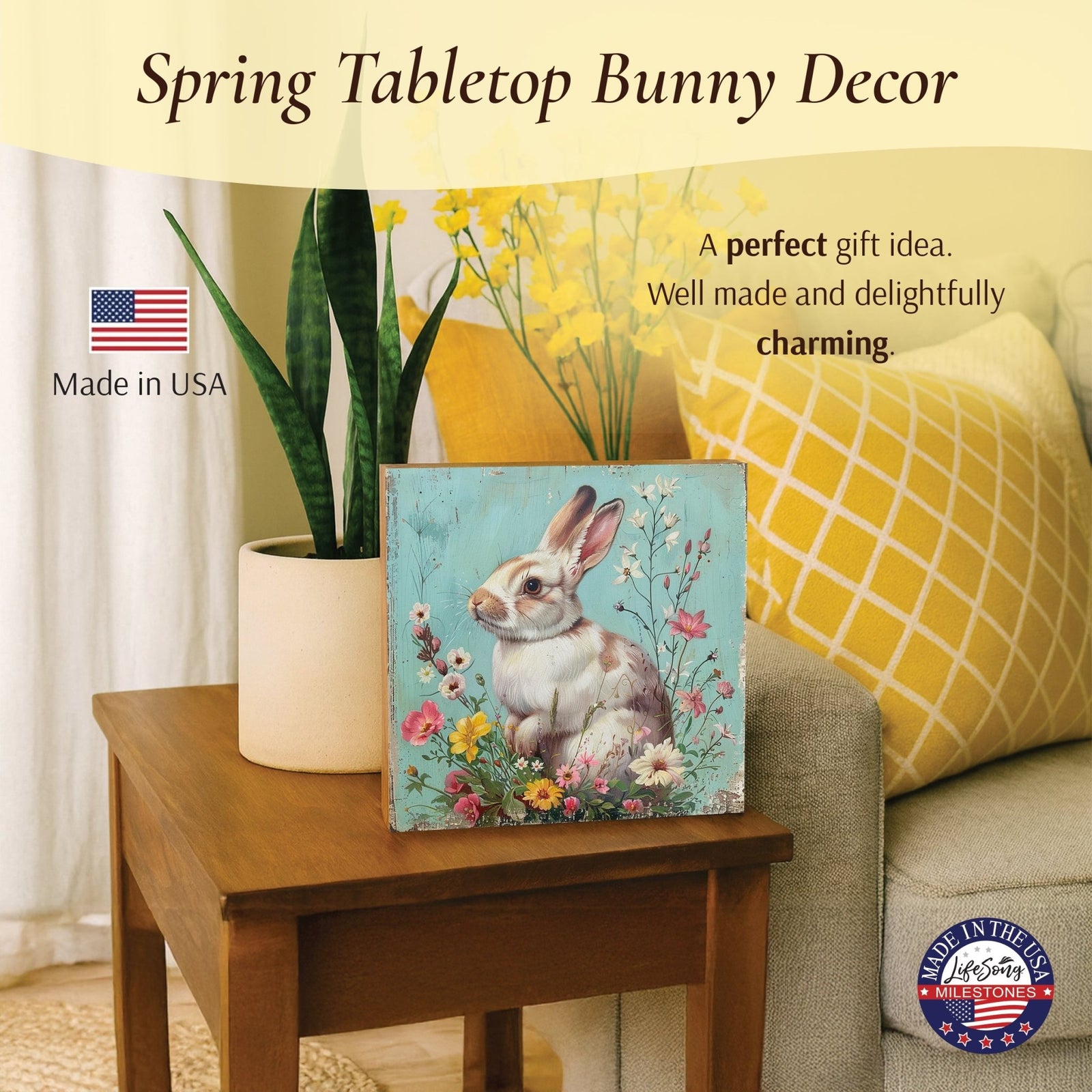 Spring Bunny Shelf Sitter 5x5 — Handcrafted Birch Wood Easter Tiered Tray Décor | Bunny Gift for Her - LifeSong Milestones