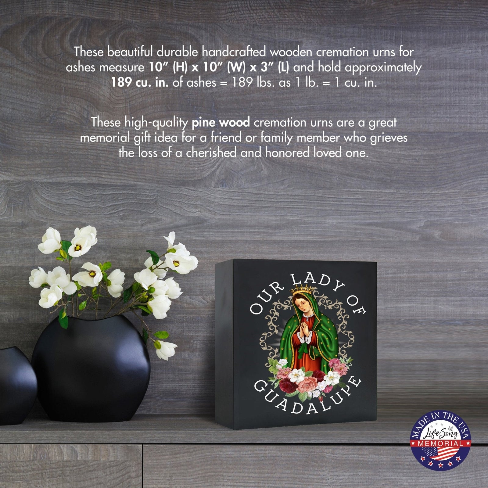 Virgin Lady of Guadalupe Memorial Cremation Shadow Box Urn For Adult Human Ashes In Spanish - LifeSong Milestones