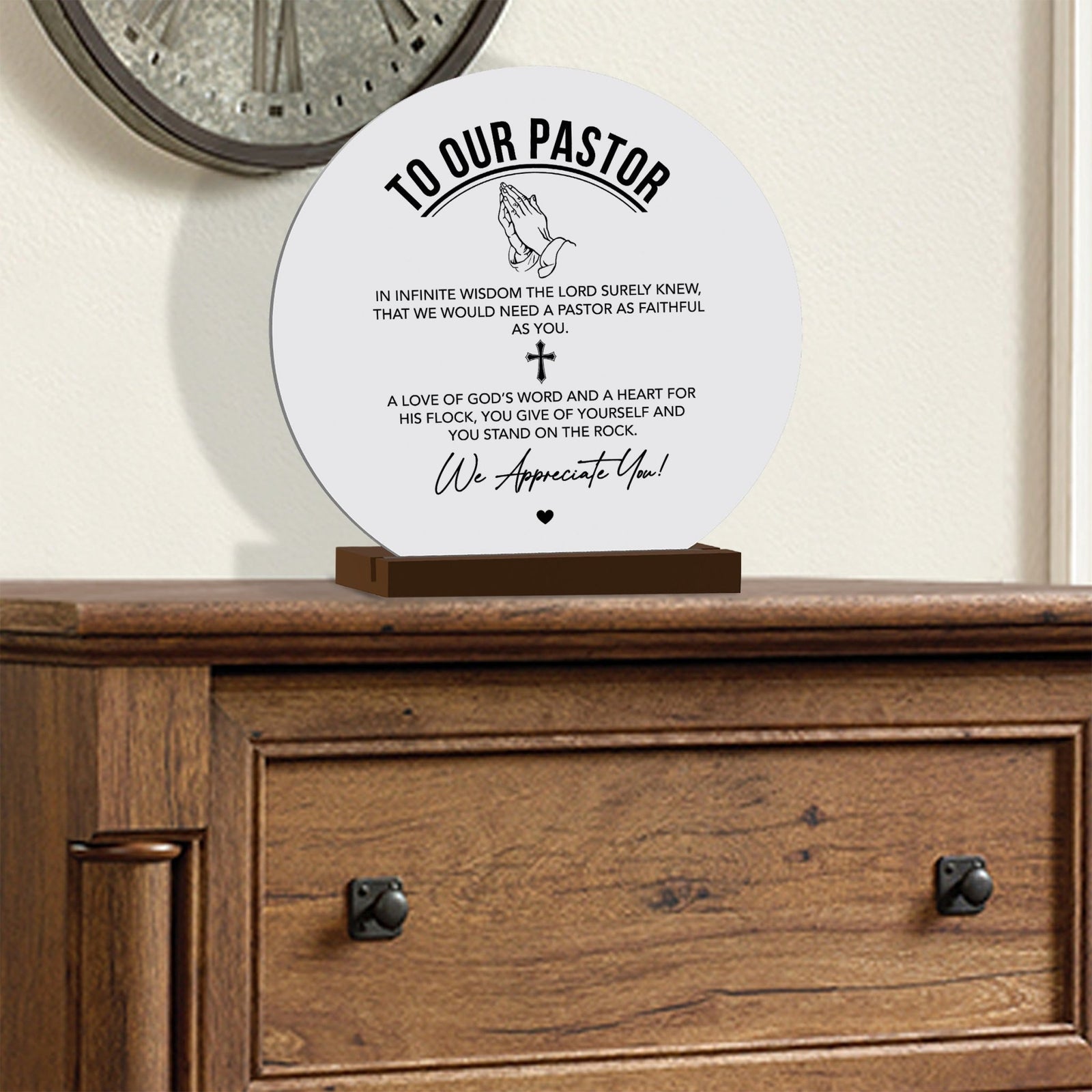 White Round Sign With Wooden Base For Pastors Gift Ideas - To Our Pastor - LifeSong Milestones