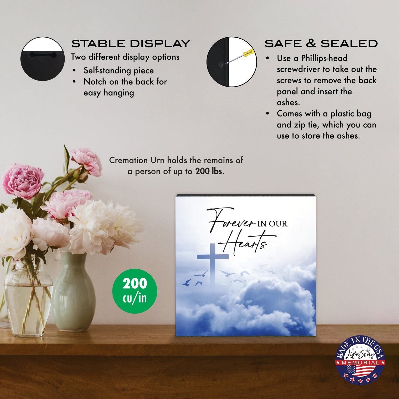 Wood Cremation Urn – “Forever in Our Hearts” Memorial Keepsake for Human Ashes - LifeSong Milestones