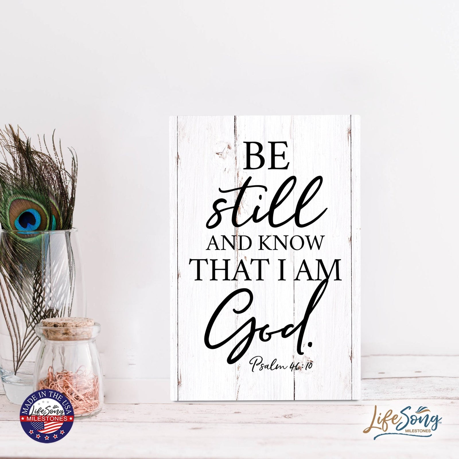 Wood Wall Sign with Inspirational Bible Verse Be Still And Know Table Top Home Office Desk Decoration 5.5x8in - LifeSong Milestones