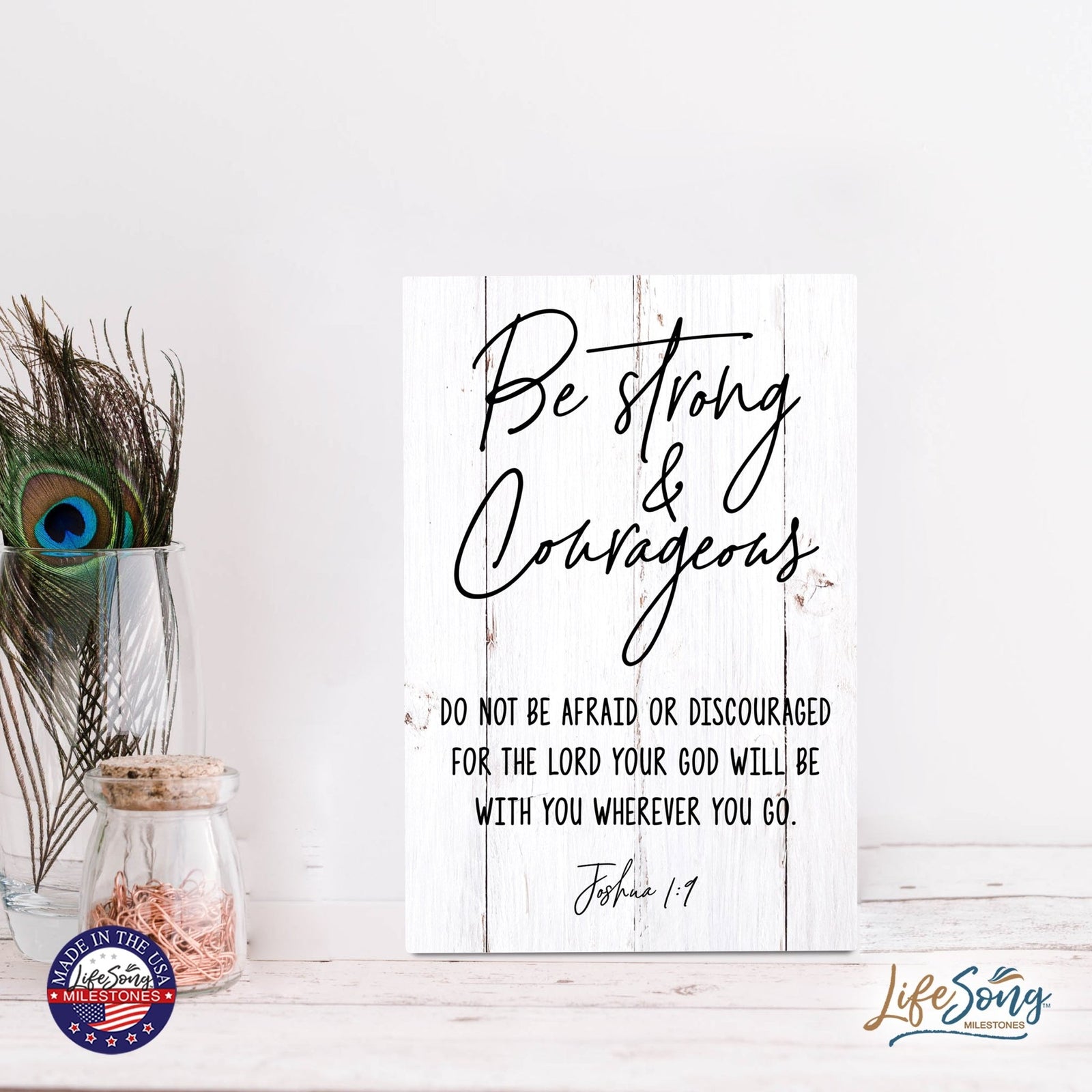 Wood Wall Sign with Inspirational Bible Verse Be Strong & Courageous Table Top Home Office Desk Decoration 5.5x8in - LifeSong Milestones