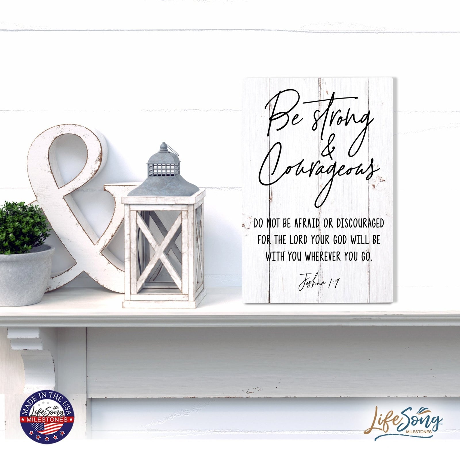 Wood Wall Sign with Inspirational Bible Verse Be Strong & Courageous Table Top Home Office Desk Decoration 5.5x8in - LifeSong Milestones