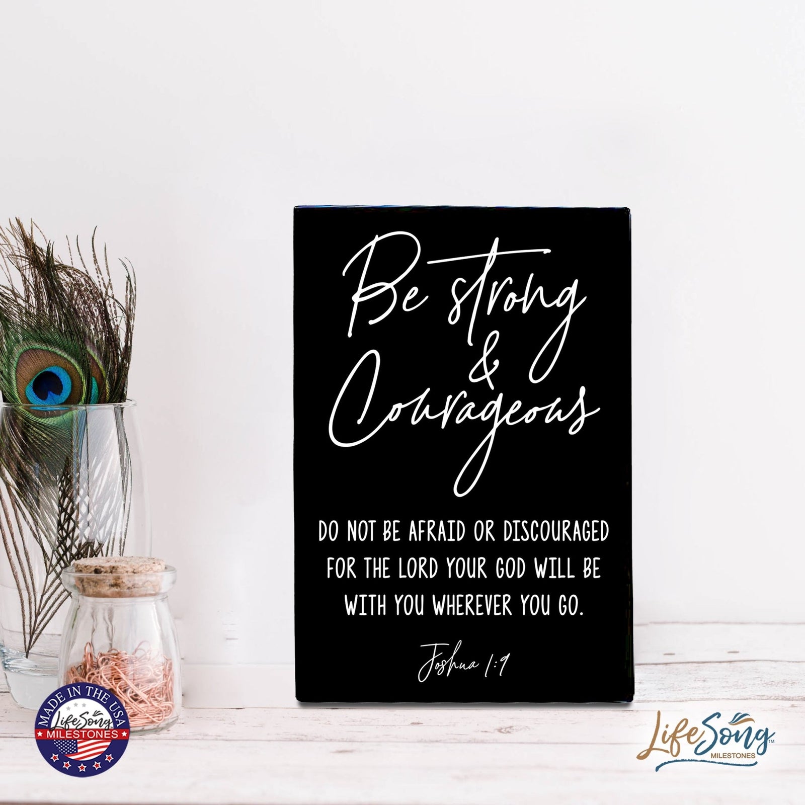 Wood Wall Sign with Inspirational Bible Verse Be Strong & Courageous Table Top Home Office Desk Decoration 5.5x8in - LifeSong Milestones