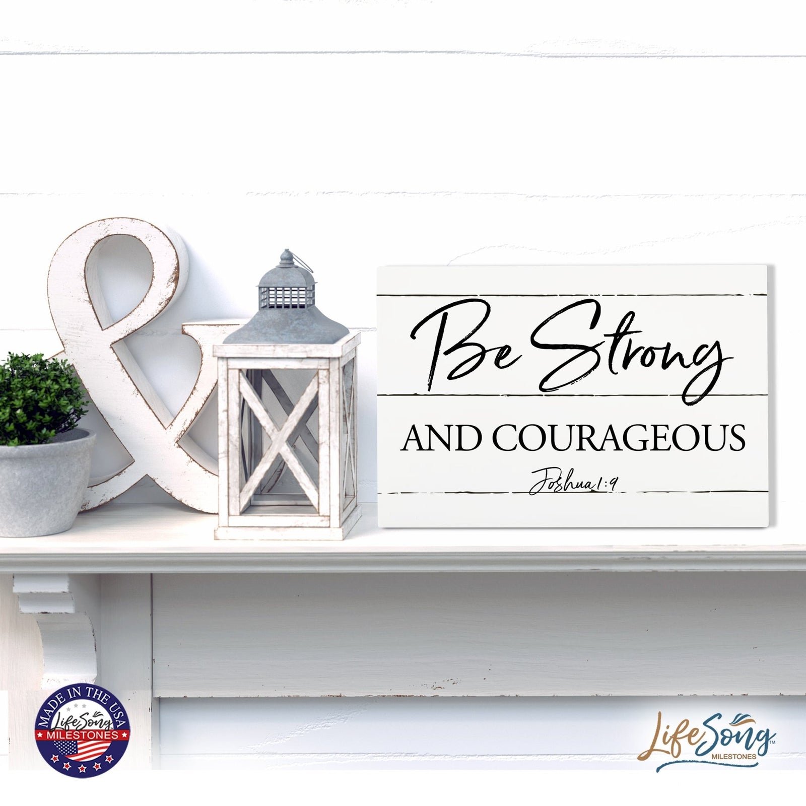 Wood Wall Sign with Inspirational Bible Verse Be Strong & Courageous Table Top Home Office Desk Decoration 5.5x8in - LifeSong Milestones