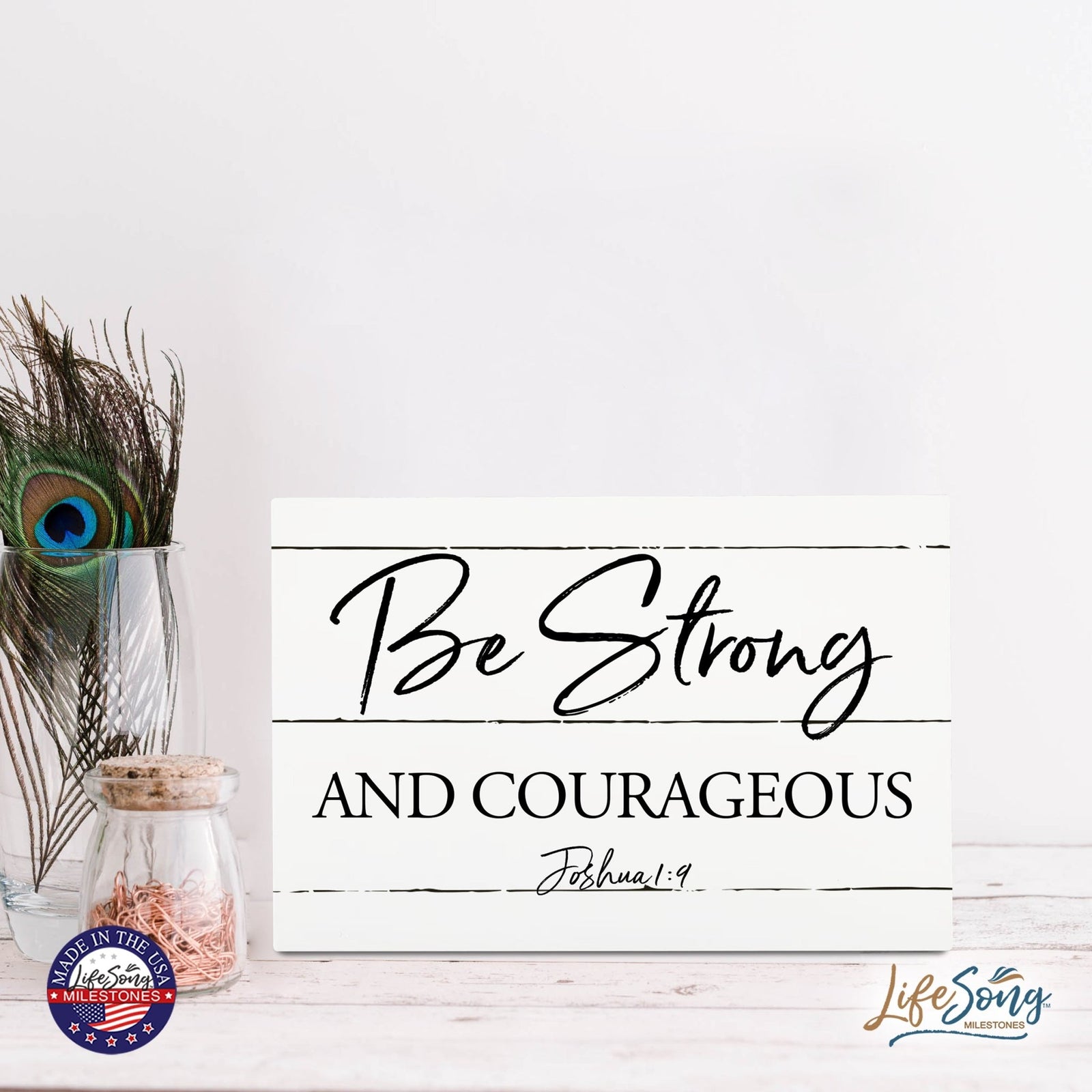 Wood Wall Sign with Inspirational Bible Verse Be Strong & Courageous Table Top Home Office Desk Decoration 5.5x8in - LifeSong Milestones