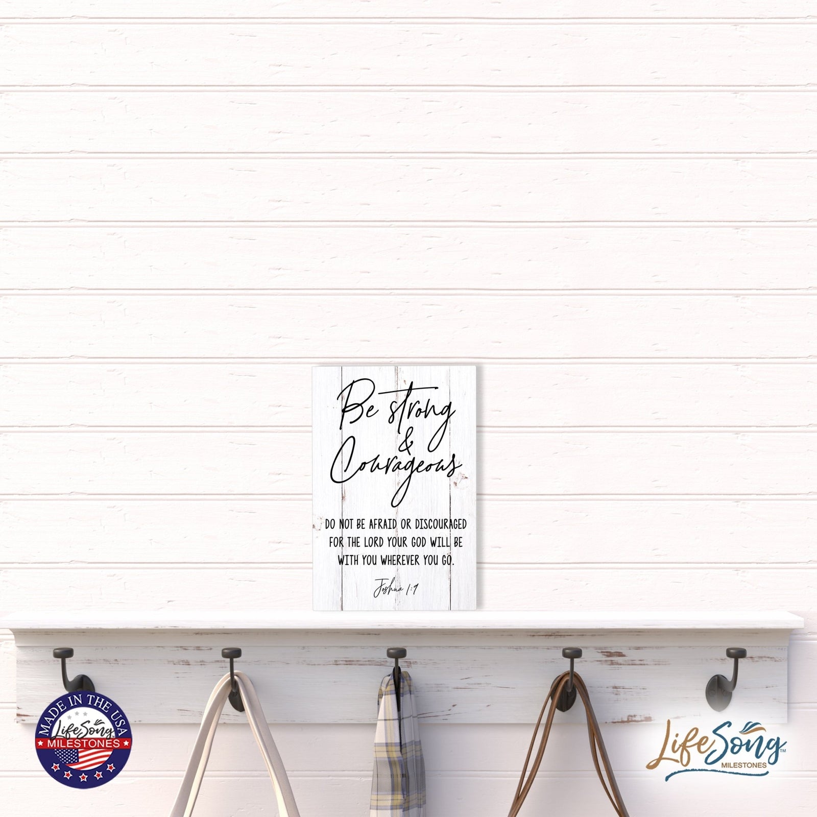 Wood Wall Sign with Inspirational Bible Verse Be Strong & Courageous Table Top Home Office Desk Decoration 5.5x8in - LifeSong Milestones