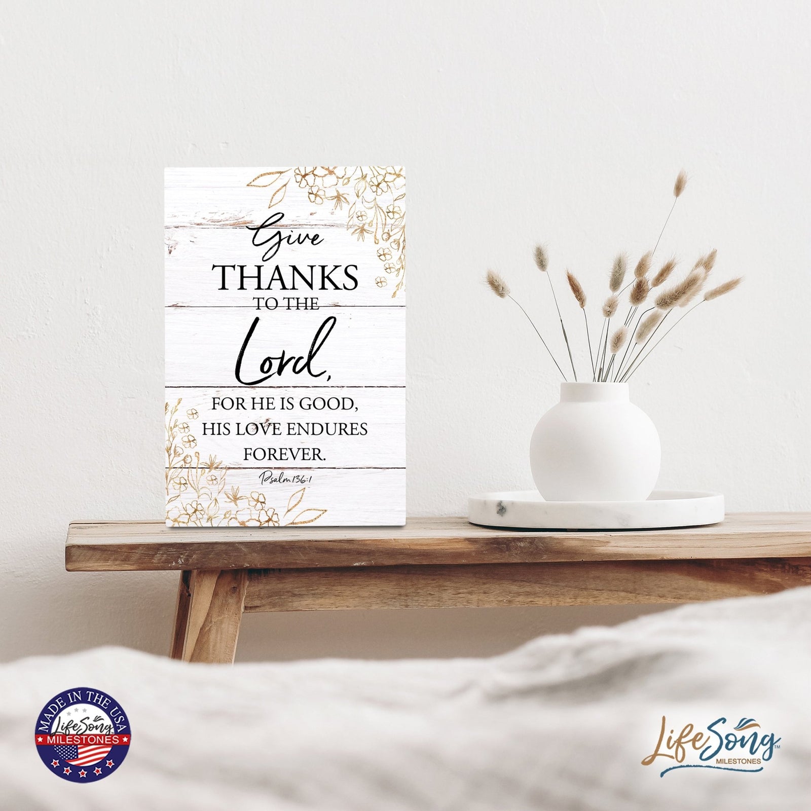 Wood Wall Sign with Inspirational Bible Verse Give Thanks To The Lord Table Top Home Office Desk Decoration 5.5x8in - LifeSong Milestones