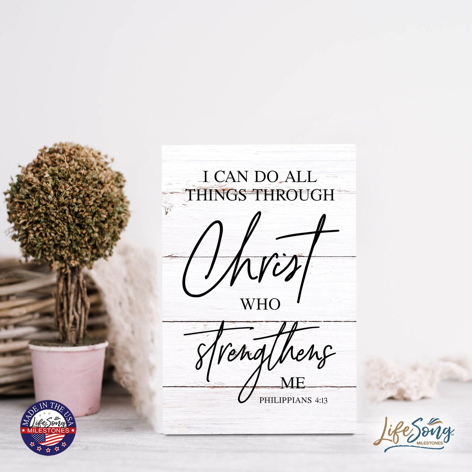 Wood Wall Sign with Inspirational Bible Verse I Can Do All Things Table Top Home Office Desk Decoration 5.5x8in - LifeSong Milestones