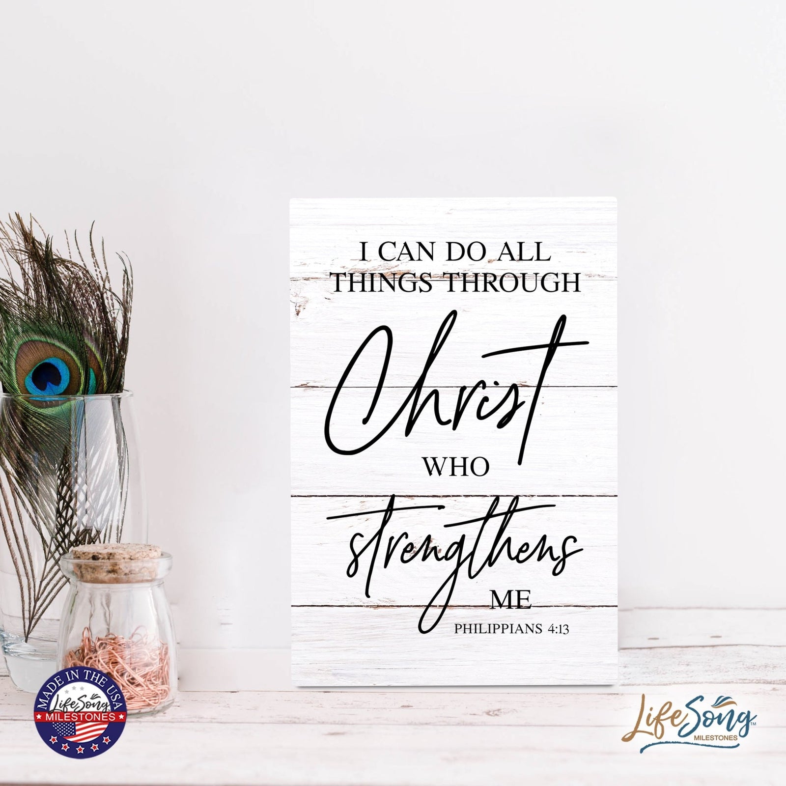 Wood Wall Sign with Inspirational Bible Verse I Can Do All Things Table Top Home Office Desk Decoration 5.5x8in - LifeSong Milestones