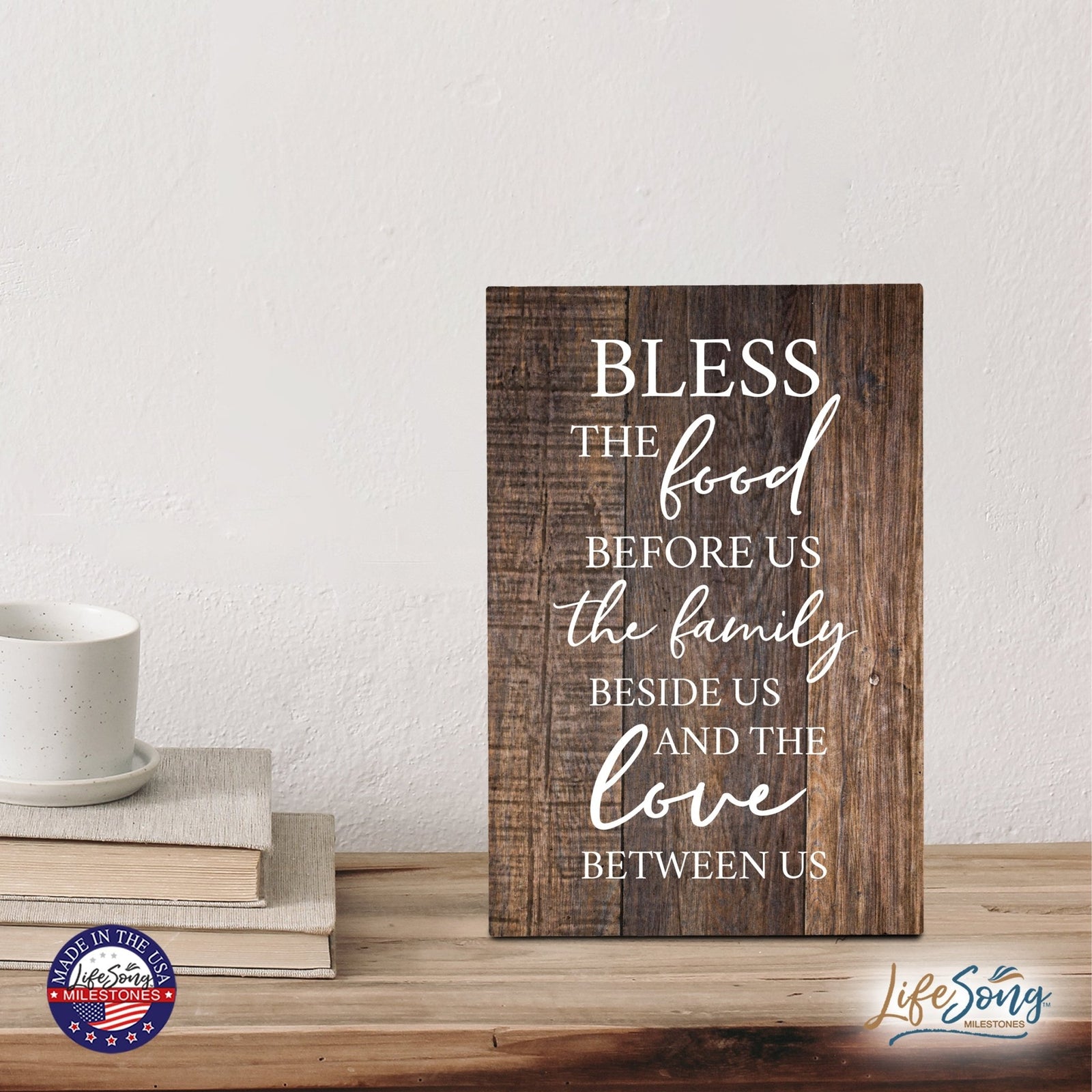 Wood Wall Sign with Inspirational Bible Verse The Food Before Us (The Family) Table Top Home Office Desk Decoration 5.5x8in - LifeSong Milestones