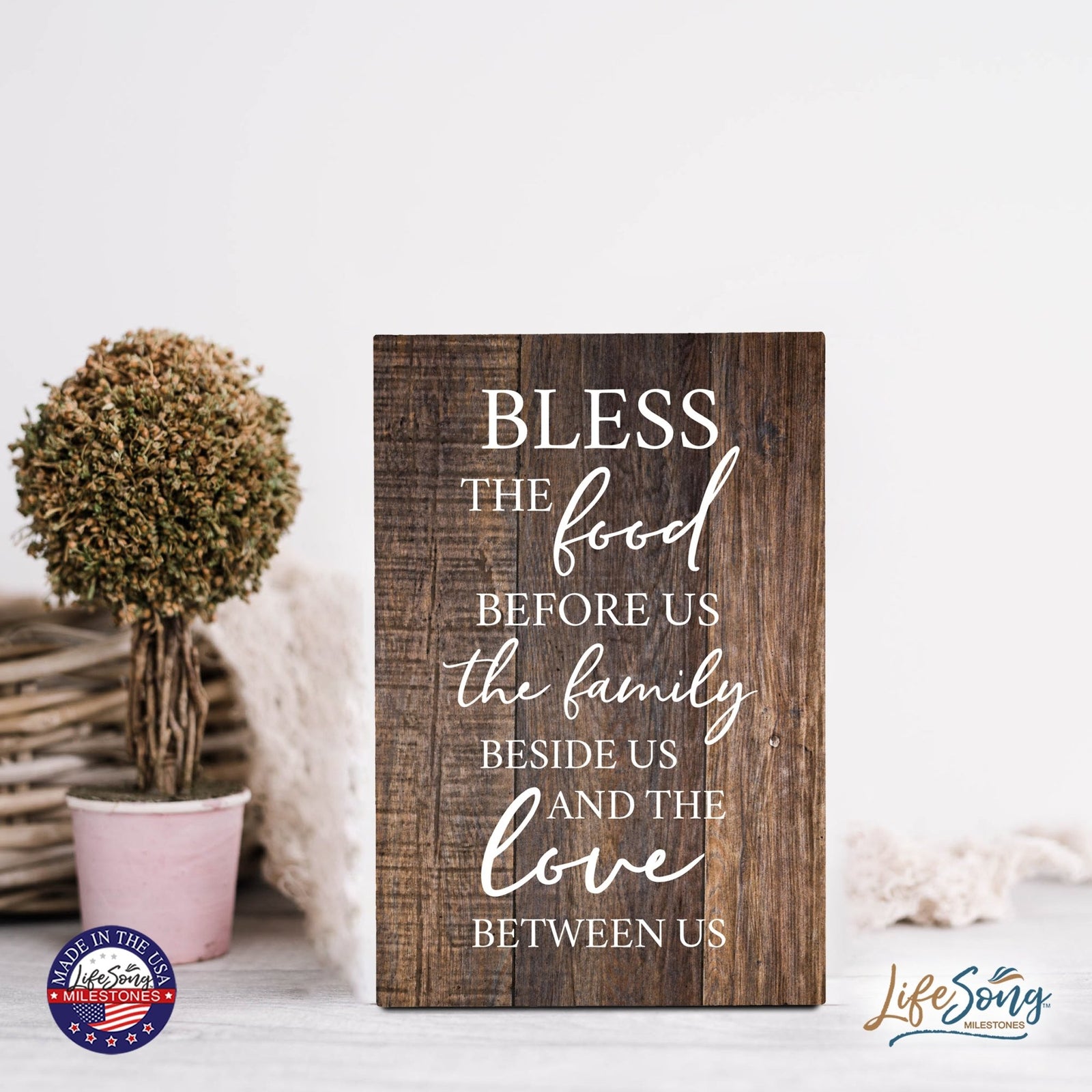 Wood Wall Sign with Inspirational Bible Verse The Food Before Us (The Family) Table Top Home Office Desk Decoration 5.5x8in - LifeSong Milestones