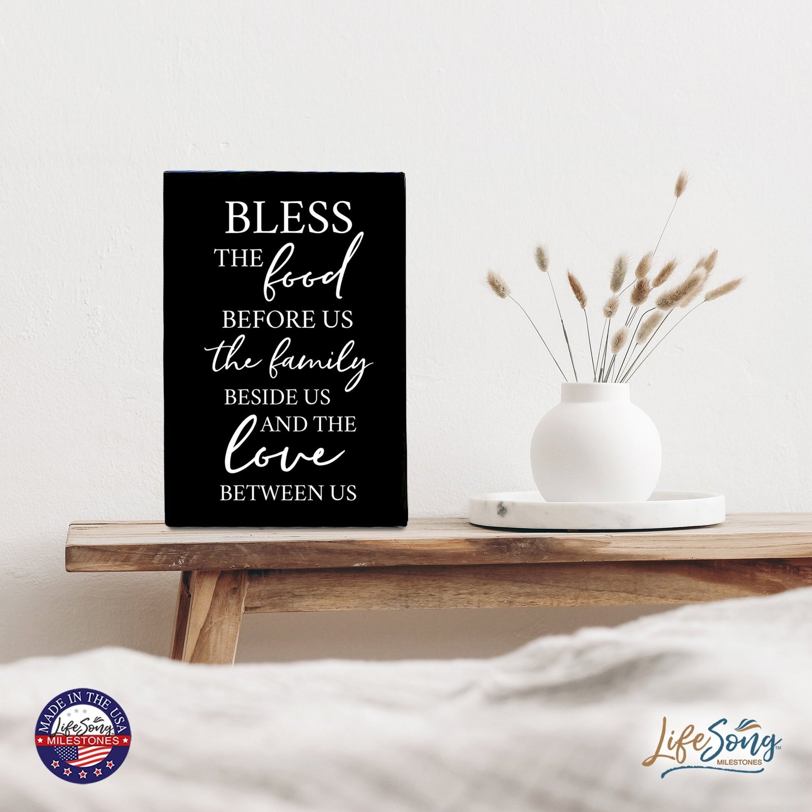 Wood Wall Sign with Inspirational Bible Verse The Food Before Us (The Family) Table Top Home Office Desk Decoration 5.5x8in - LifeSong Milestones
