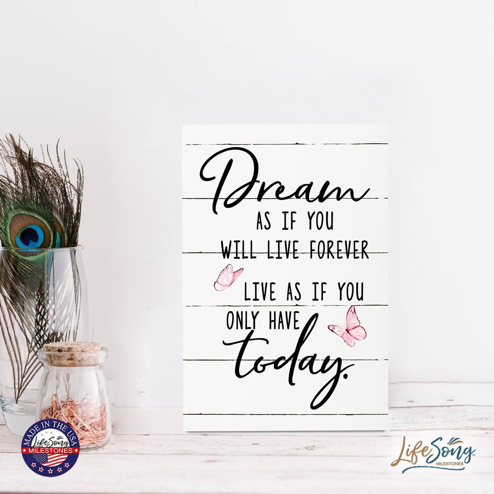Wood Wall Sign with Inspirational Quote Dream As If You Table Top Home Office Desk Decoration 5.5x8in - LifeSong Milestones