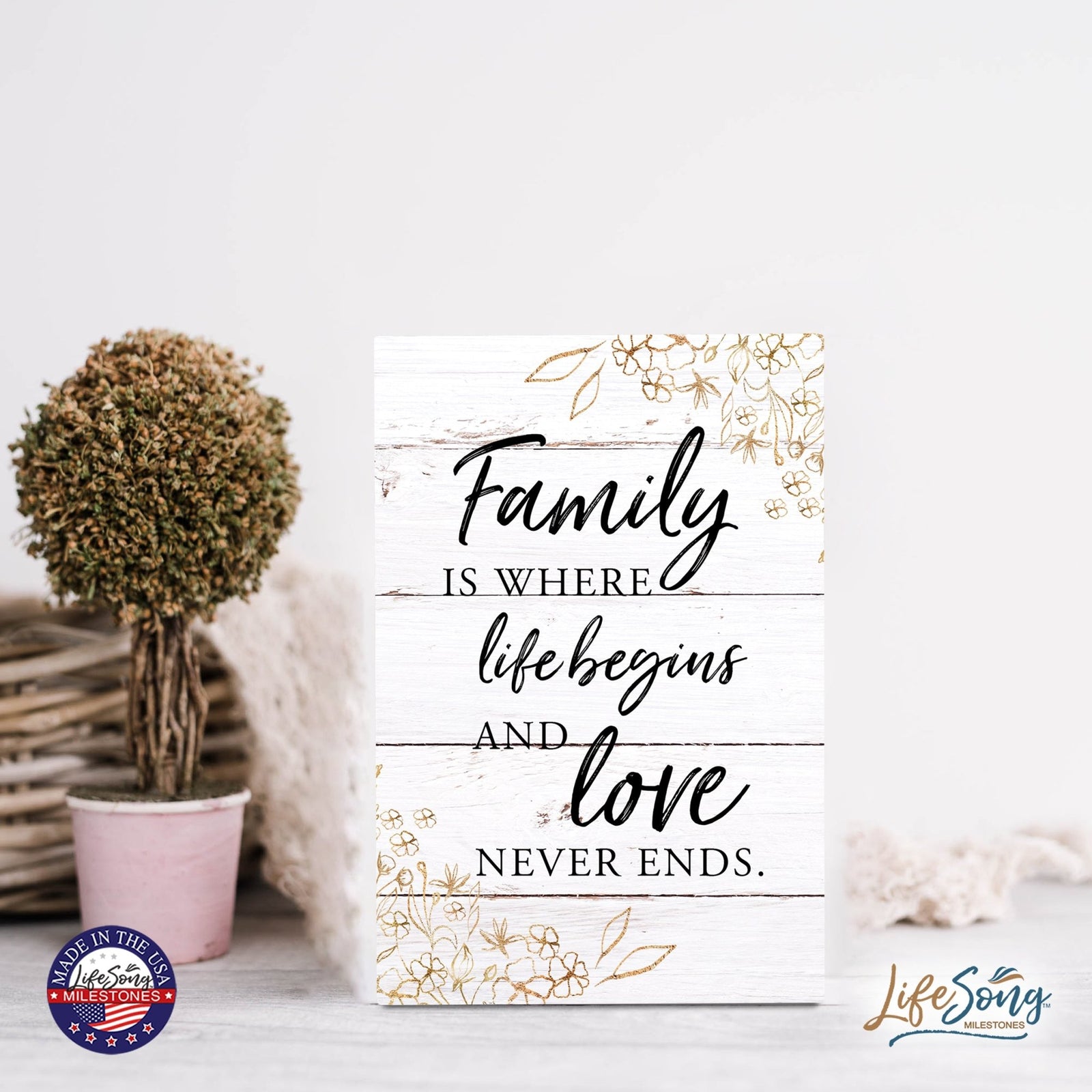 Wood Wall Sign with Inspirational Quote Family Where Life Begins (Flower) Table Top Home Office Desk Decoration 5.5x8in - LifeSong Milestones