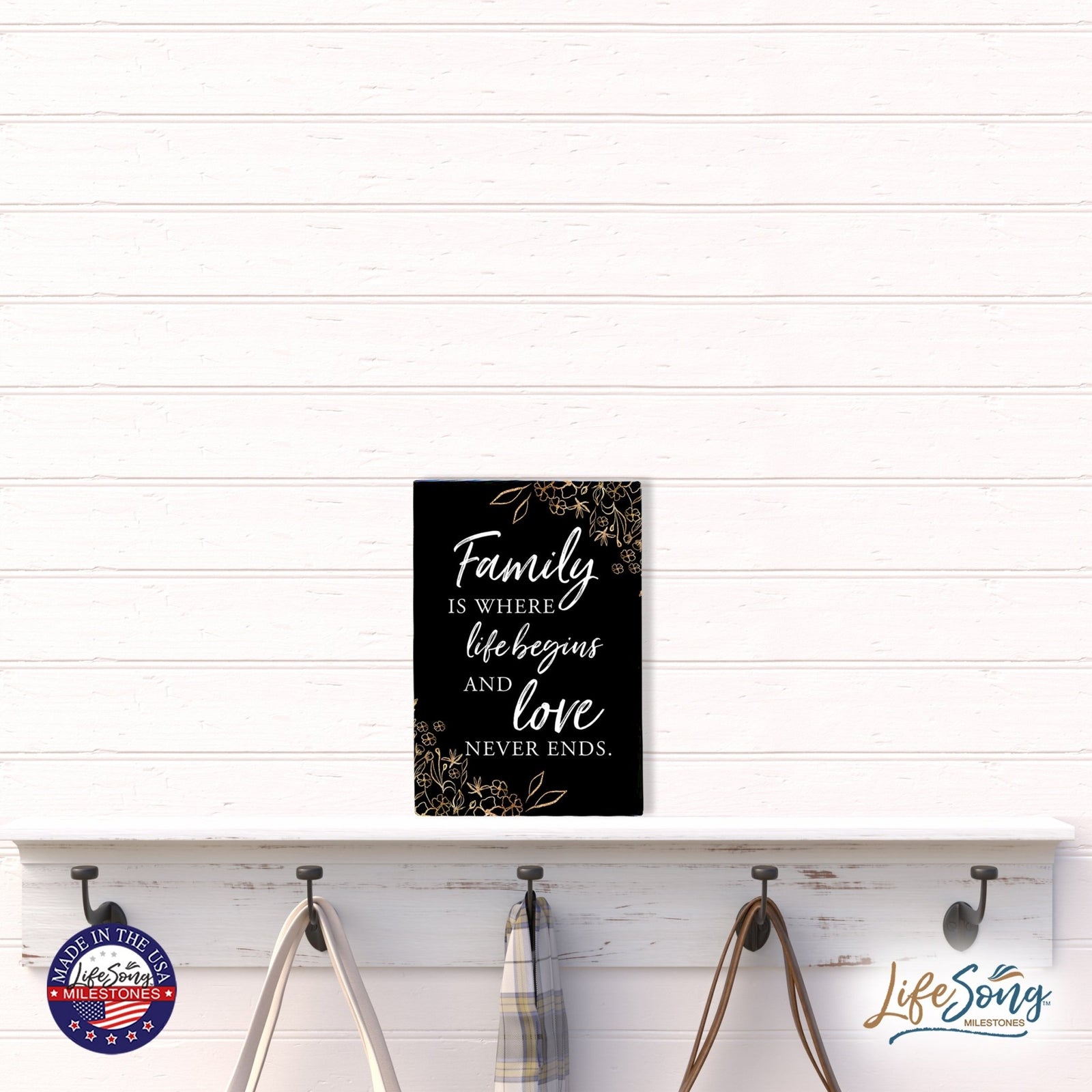 Wood Wall Sign with Inspirational Quote Family Where Life Begins (Flower) Table Top Home Office Desk Decoration 5.5x8in - LifeSong Milestones