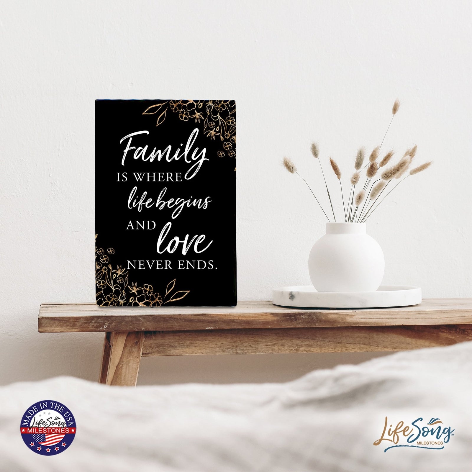 Wood Wall Sign with Inspirational Quote Family Where Life Begins (Flower) Table Top Home Office Desk Decoration 5.5x8in - LifeSong Milestones
