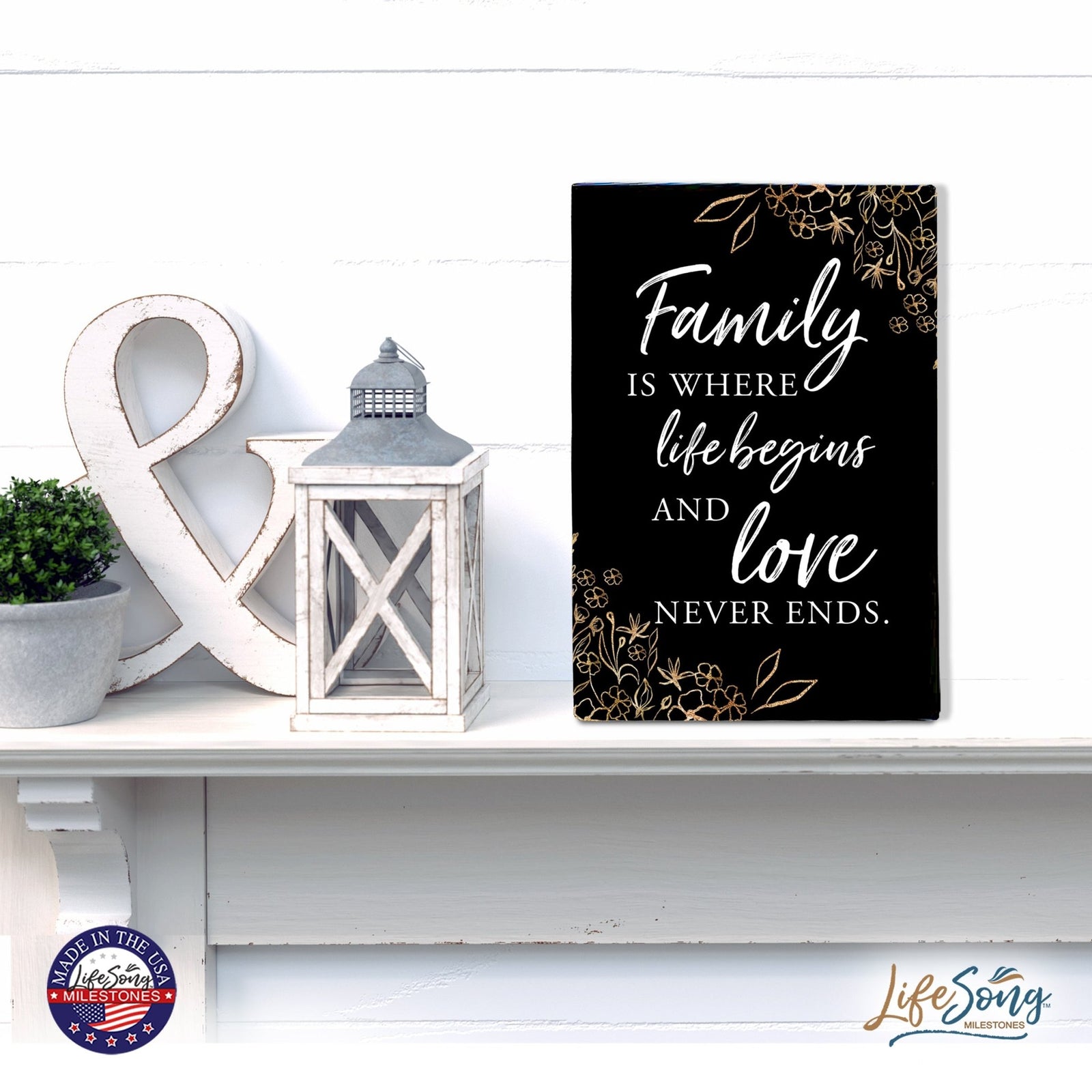 Wood Wall Sign with Inspirational Quote Family Where Life Begins (Flower) Table Top Home Office Desk Decoration 5.5x8in - LifeSong Milestones