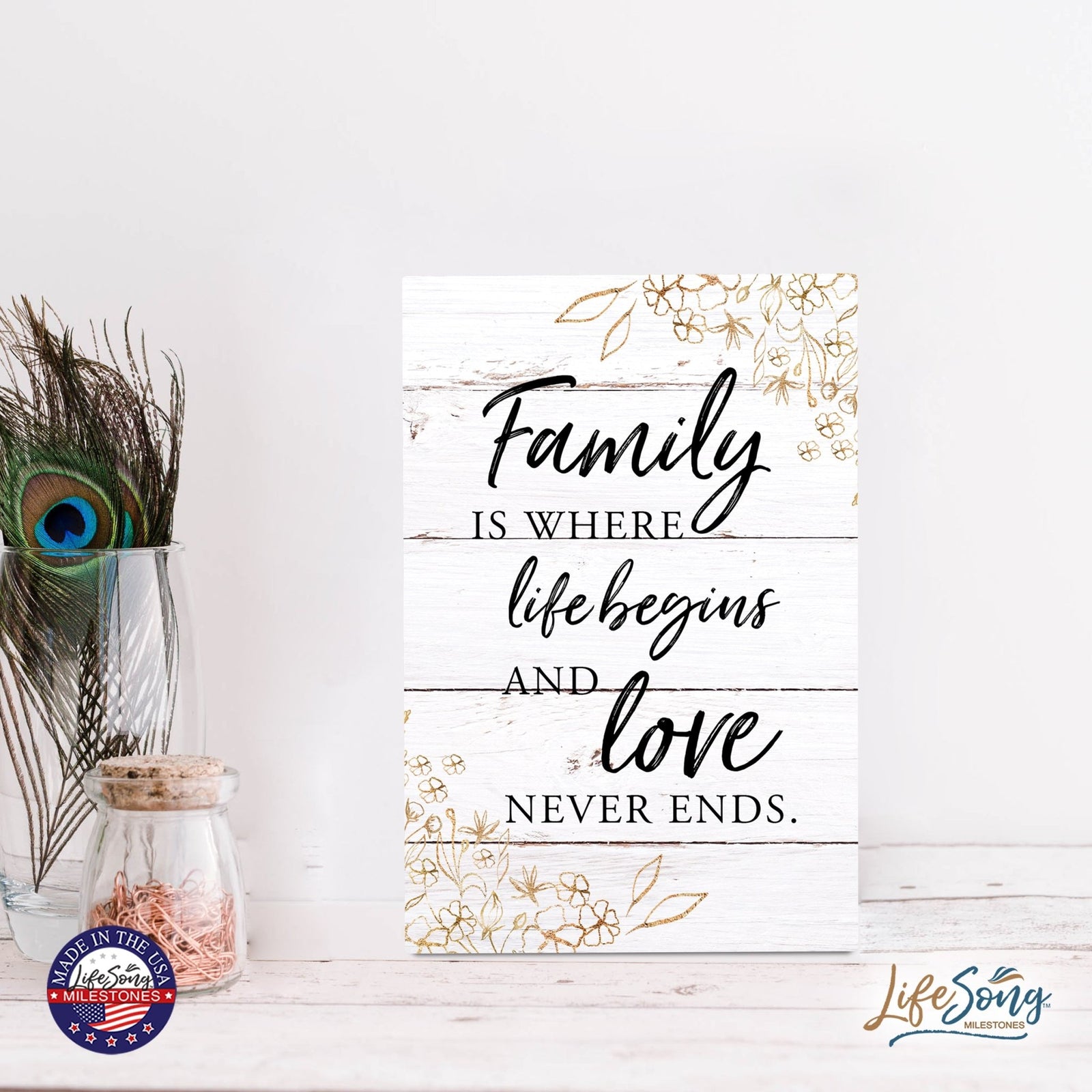 Wood Wall Sign with Inspirational Quote Family Where Life Begins (Flower) Table Top Home Office Desk Decoration 5.5x8in - LifeSong Milestones