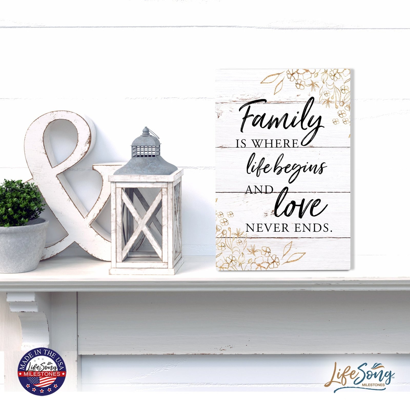 Wood Wall Sign with Inspirational Quote Family Where Life Begins (Flower) Table Top Home Office Desk Decoration 5.5x8in - LifeSong Milestones