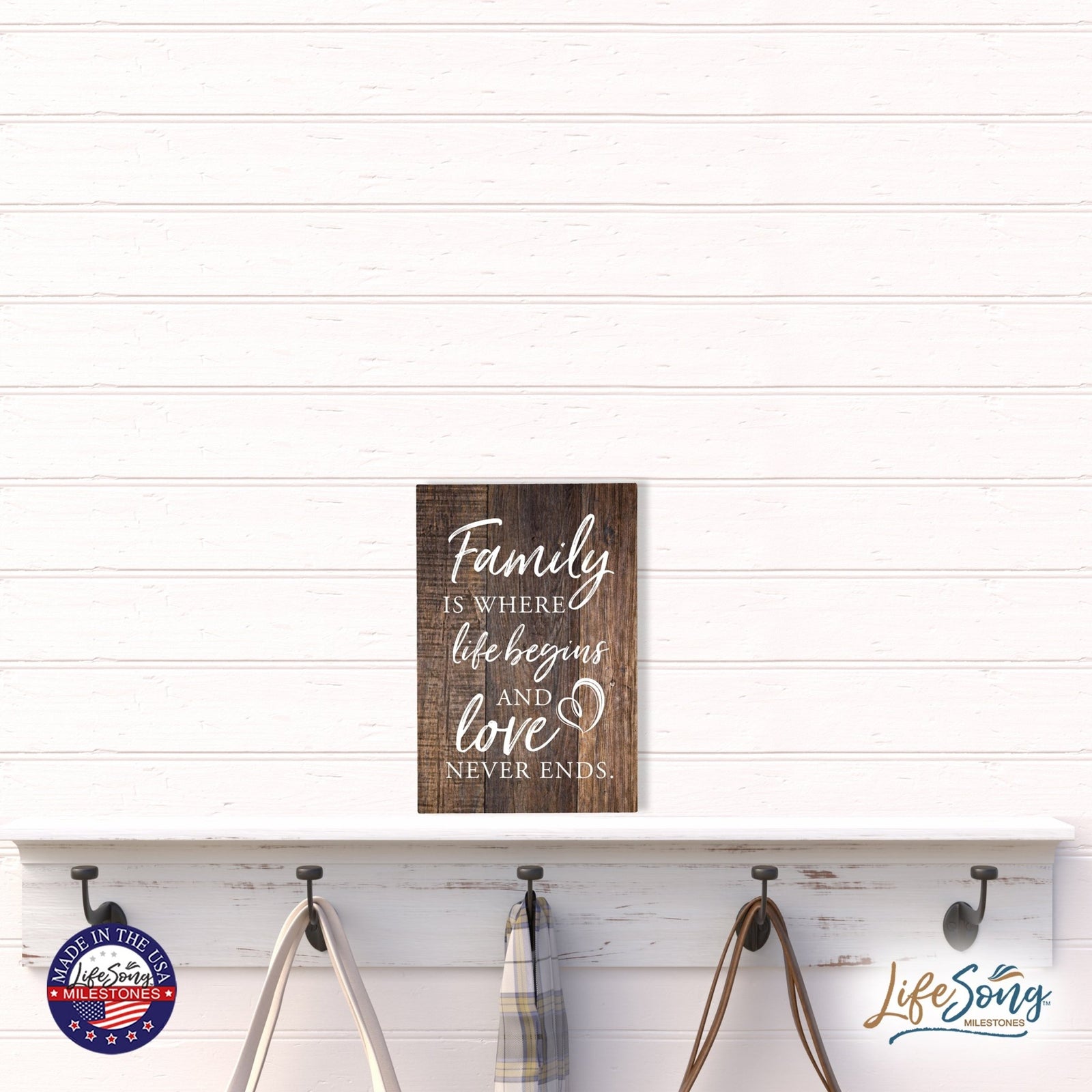 Wood Wall Sign with Inspirational Quote Family Where Life Begins (Flower) Table Top Home Office Desk Decoration 5.5x8in - LifeSong Milestones