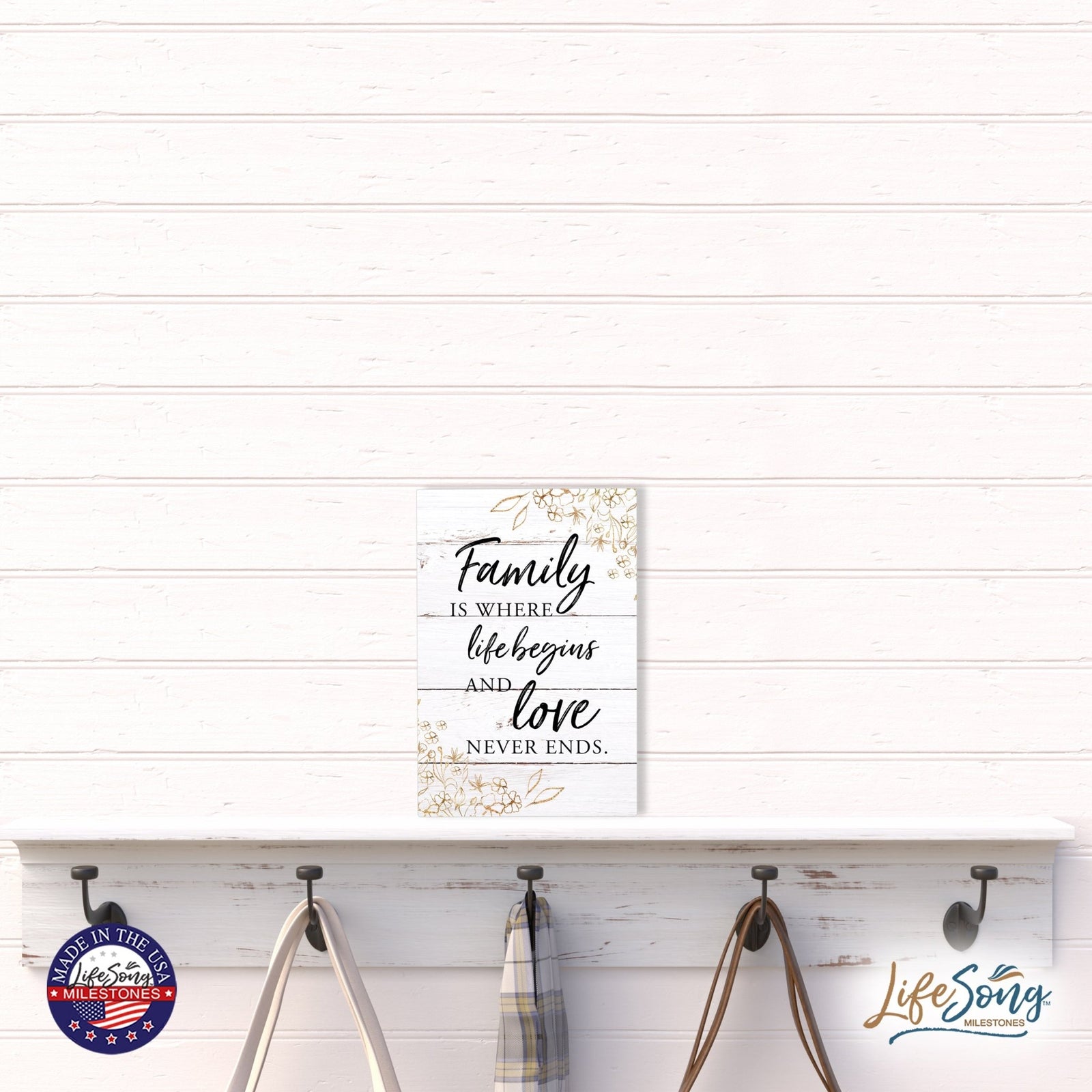 Wood Wall Sign with Inspirational Quote Family Where Life Begins (Flower) Table Top Home Office Desk Decoration 5.5x8in - LifeSong Milestones