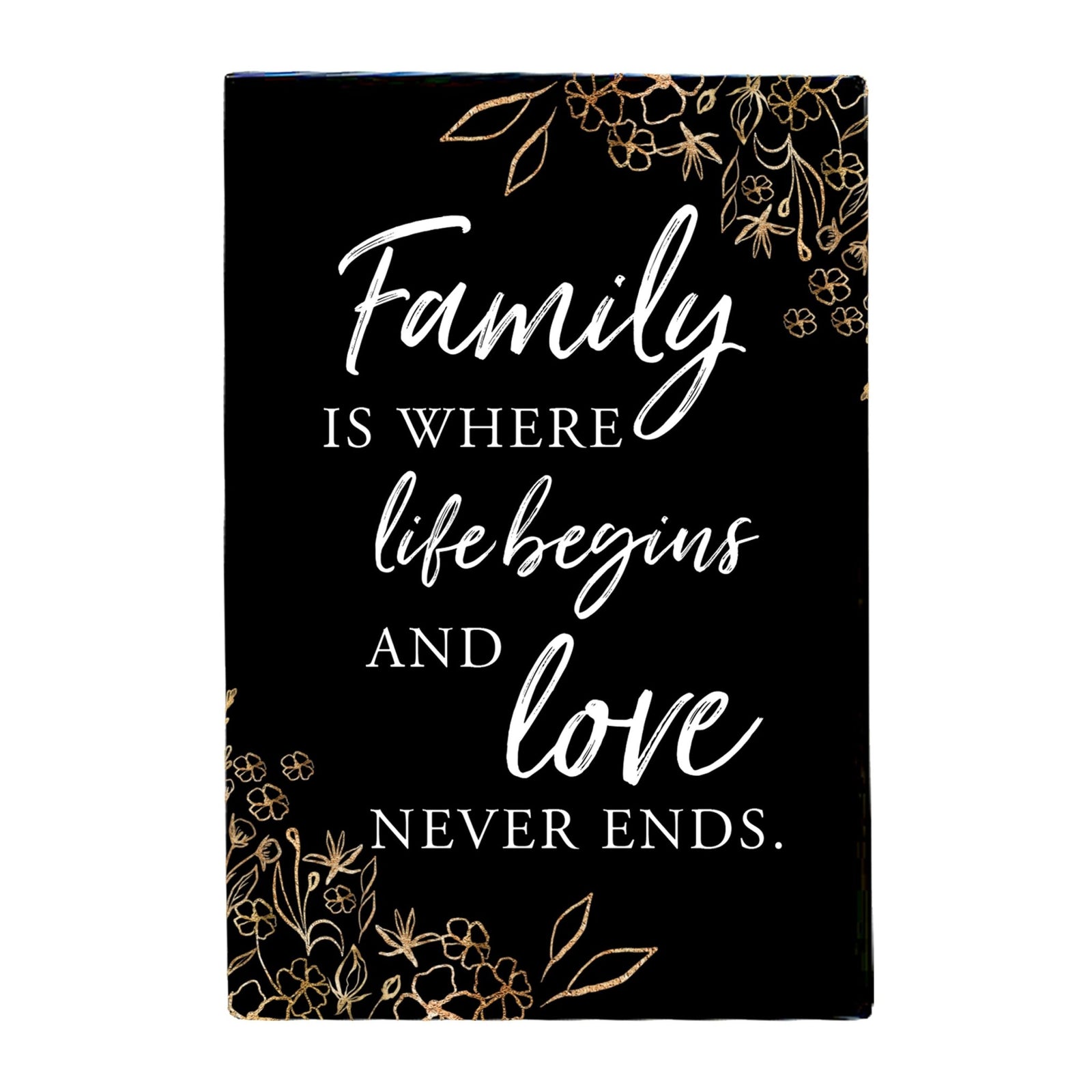 Wood Wall Sign with Inspirational Quote Family Where Life Begins (Flower) Table Top Home Office Desk Decoration 5.5x8in - LifeSong Milestones