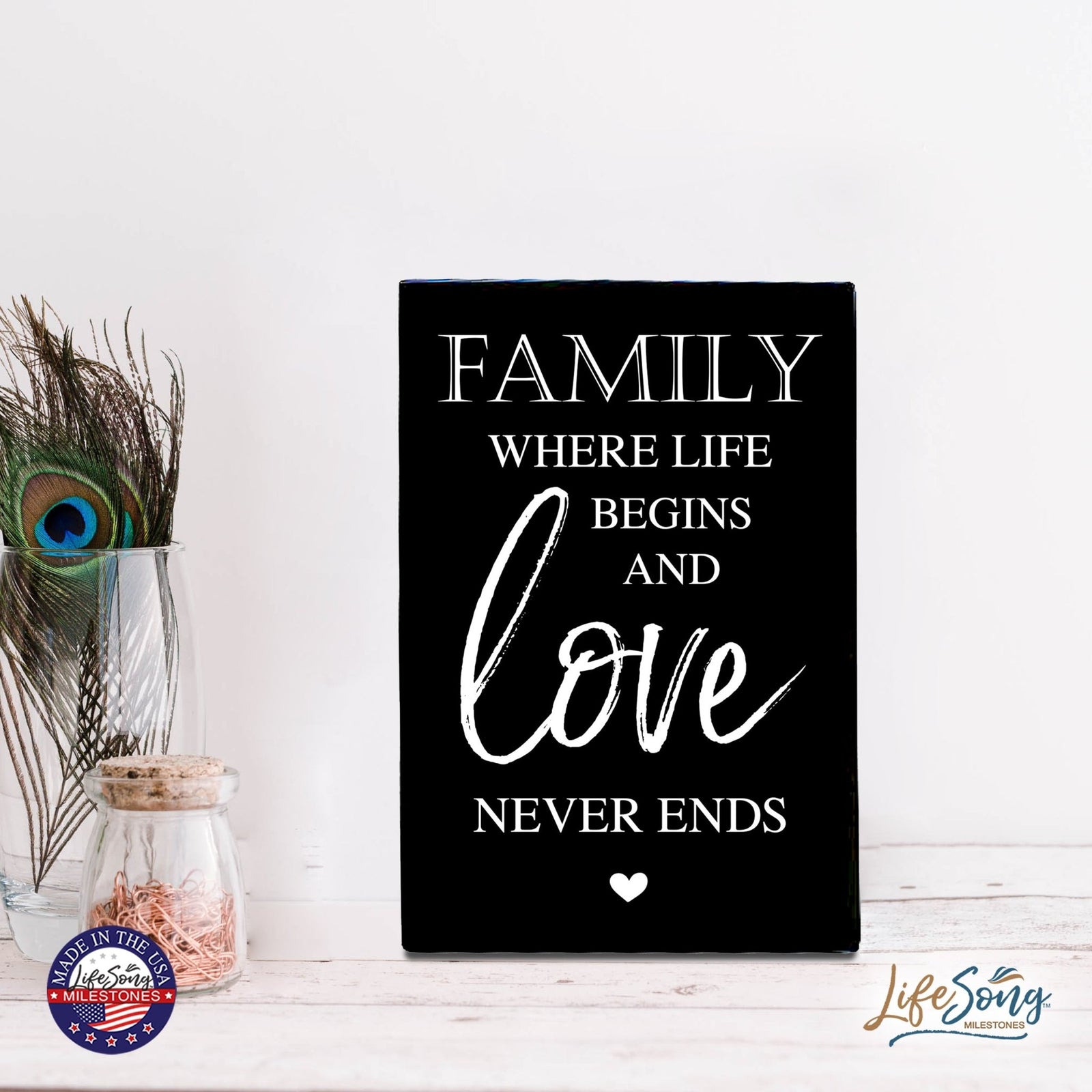 Wood Wall Sign with Inspirational Quote Family Where Life Begins (Heart) Table Top Home Office Desk Decoration 5.5x8in - LifeSong Milestones