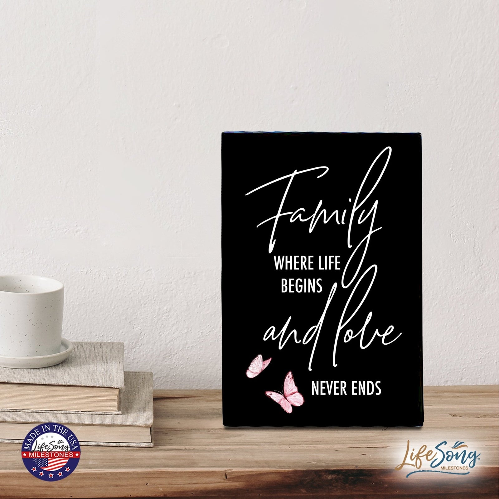 Wood Wall Sign with Inspirational Quote Family Where Life Begins (Pink) Table Top Home Office Desk Decoration 5.5x8in - LifeSong Milestones