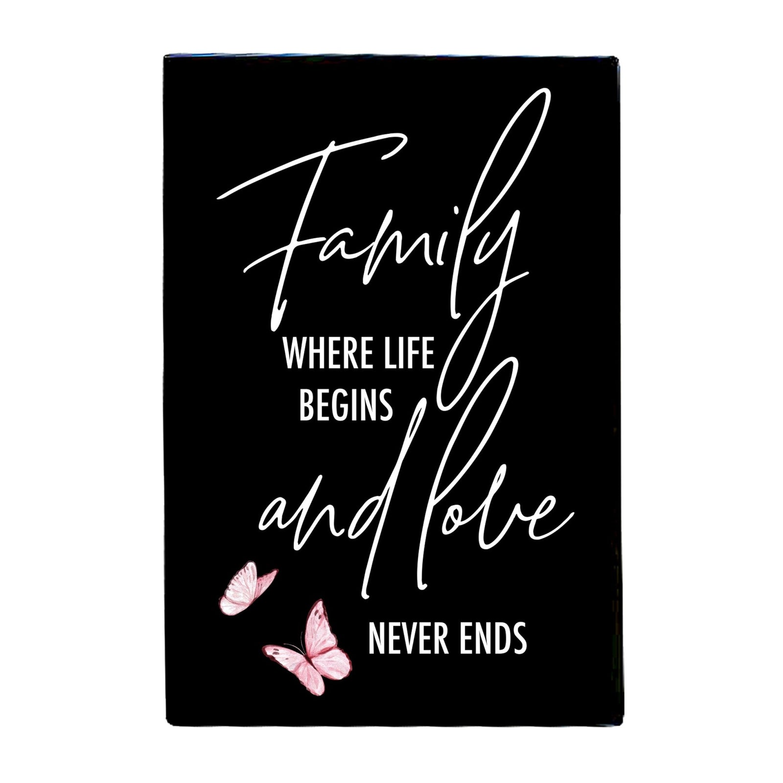 Wood Wall Sign with Inspirational Quote Family Where Life Begins (Pink) Table Top Home Office Desk Decoration 5.5x8in - LifeSong Milestones