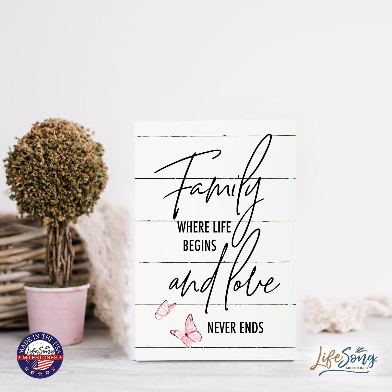 Wood Wall Sign with Inspirational Quote Family Where Life Begins (Pink) Table Top Home Office Desk Decoration 5.5x8in - LifeSong Milestones