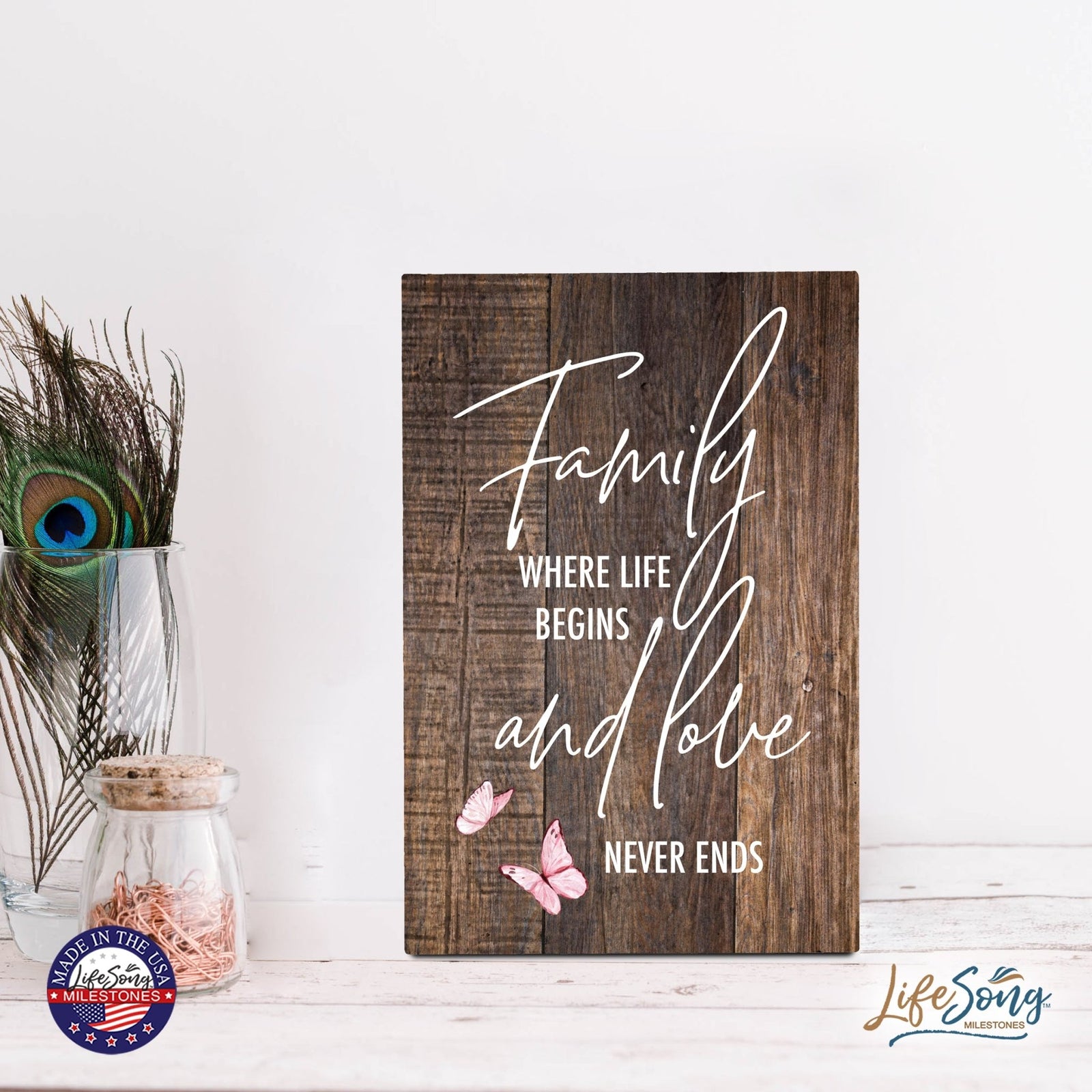 Wood Wall Sign with Inspirational Quote Family Where Life Begins (Pink) Table Top Home Office Desk Decoration 5.5x8in - LifeSong Milestones