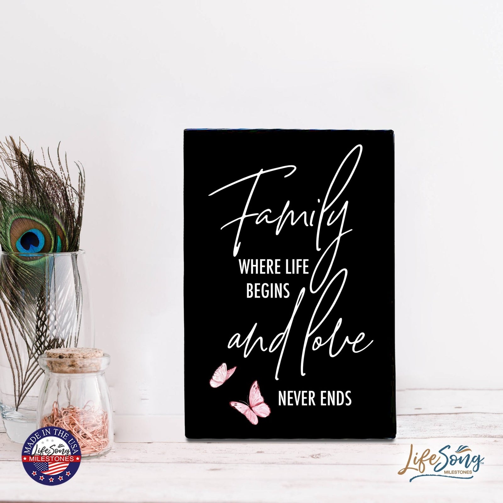 Wood Wall Sign with Inspirational Quote Family Where Life Begins (Pink) Table Top Home Office Desk Decoration 5.5x8in - LifeSong Milestones